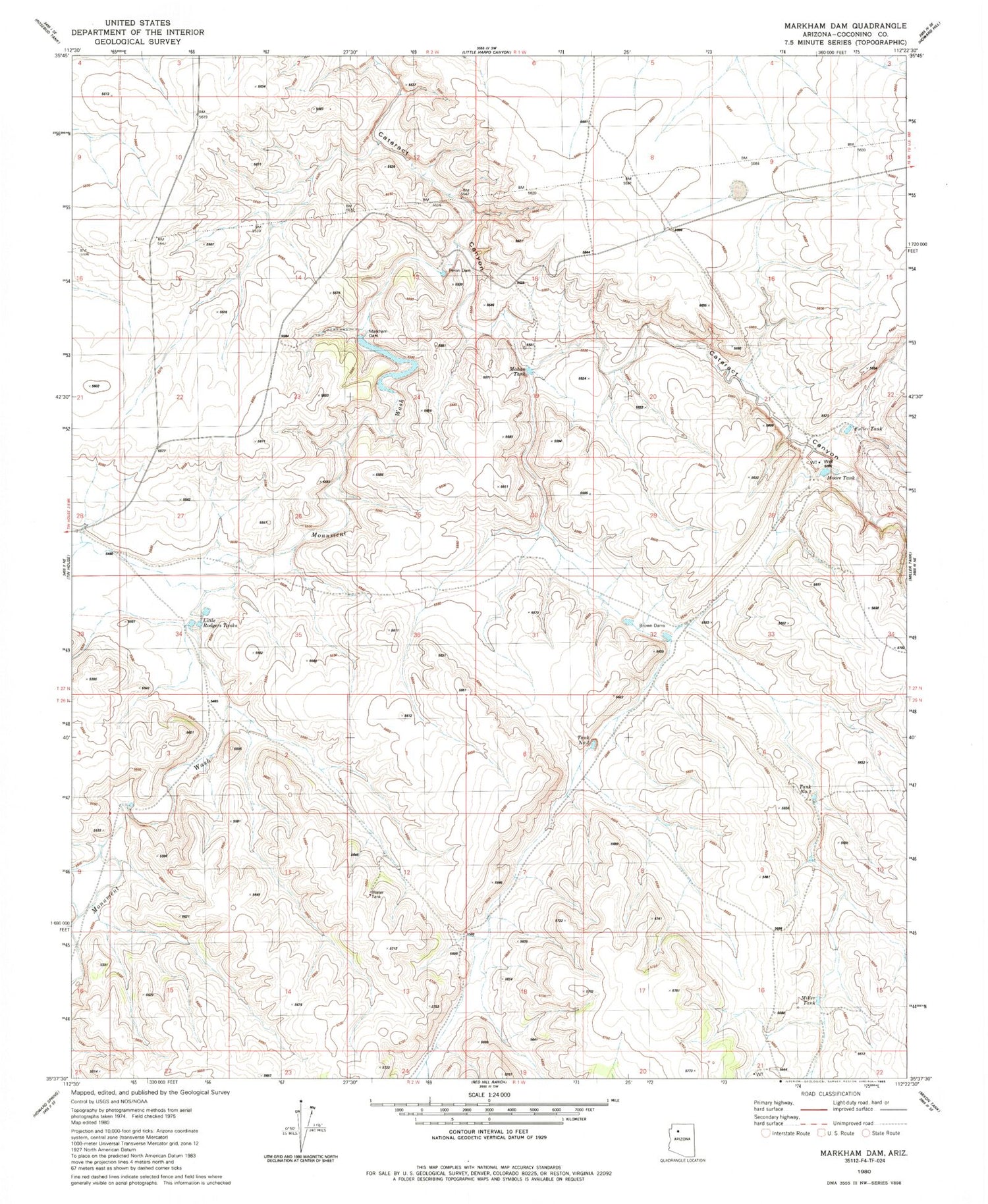 Classic USGS Markham Dam Arizona 7.5'x7.5' Topo Map Image