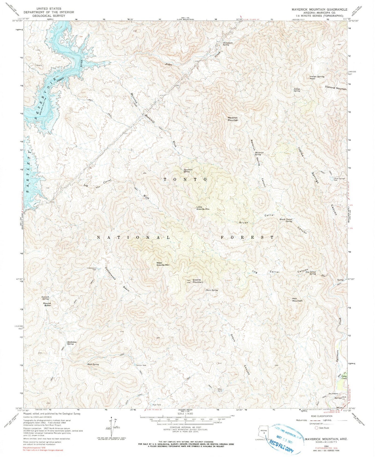Classic USGS Maverick Mountain Arizona 7.5'x7.5' Topo Map Image