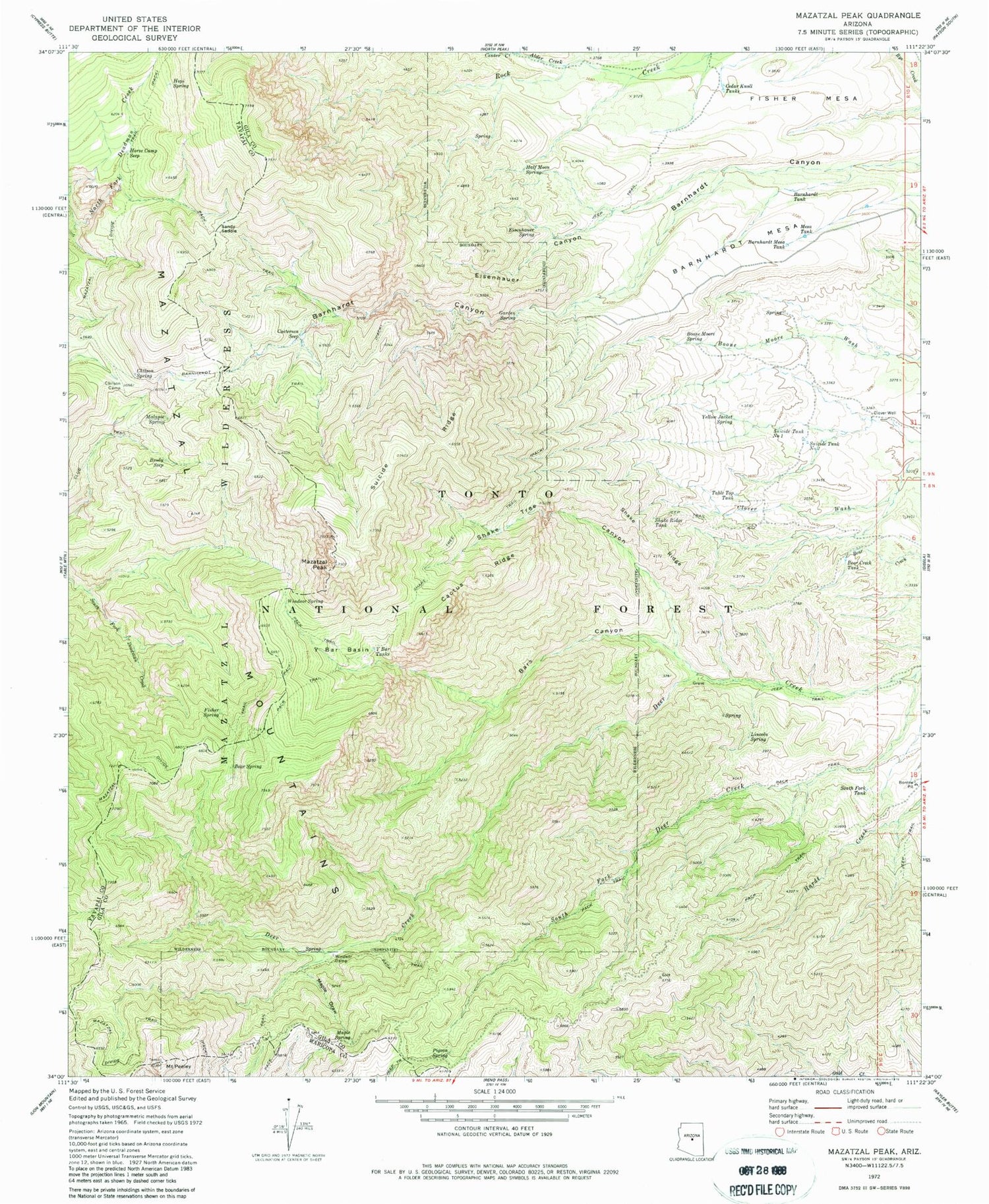 Classic USGS Mazatzal Peak Arizona 7.5'x7.5' Topo Map Image