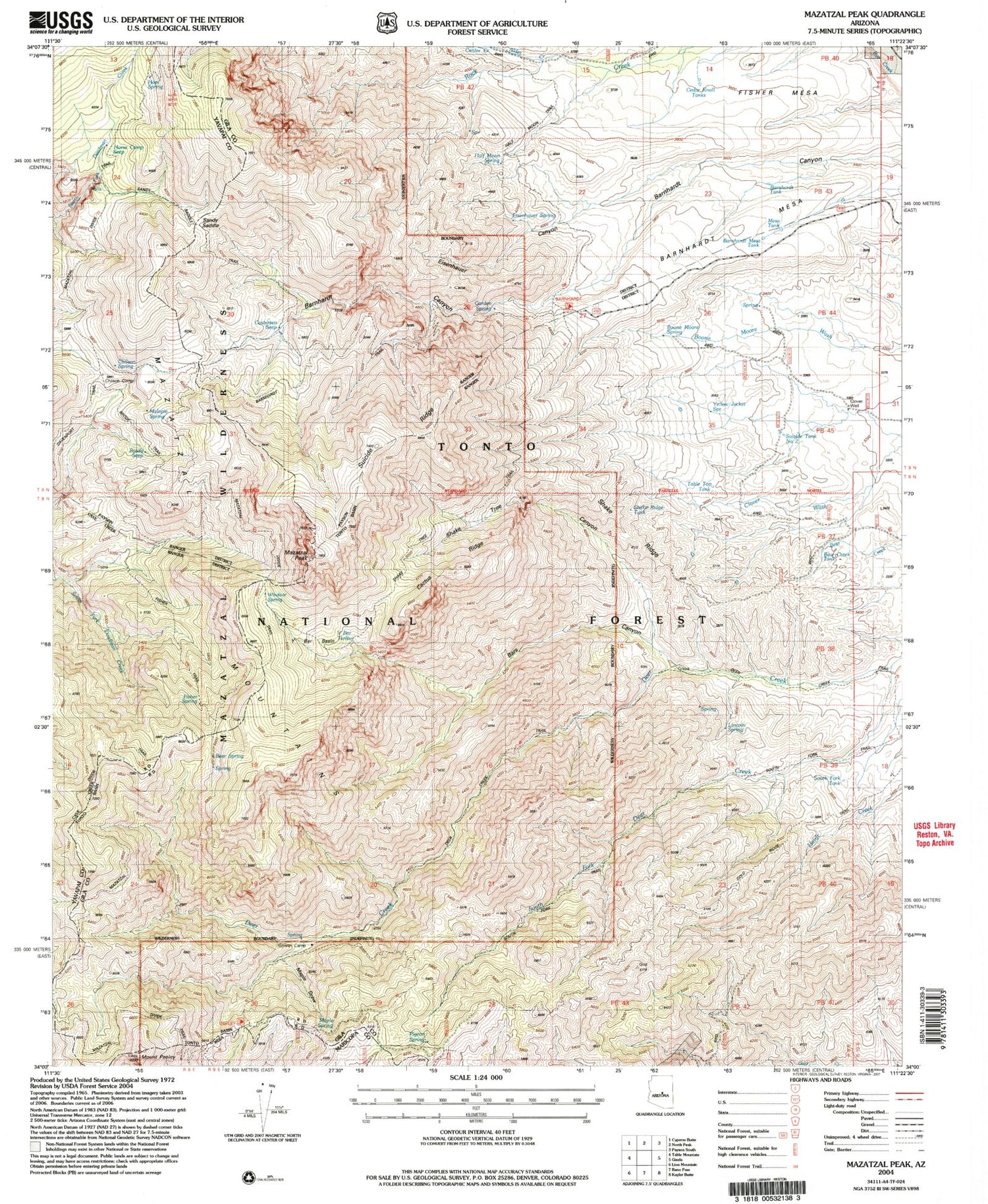Classic USGS Mazatzal Peak Arizona 7.5'x7.5' Topo Map Image