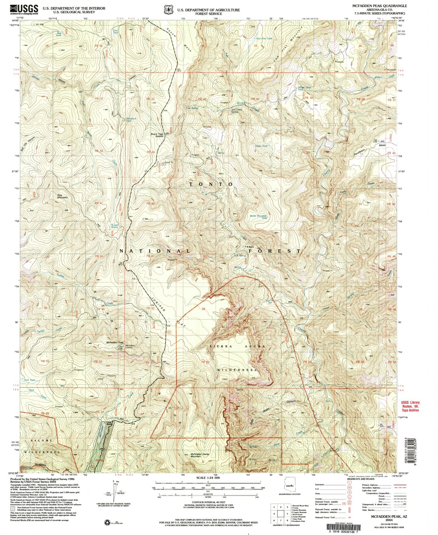 Classic USGS McFadden Peak Arizona 7.5'x7.5' Topo Map Image