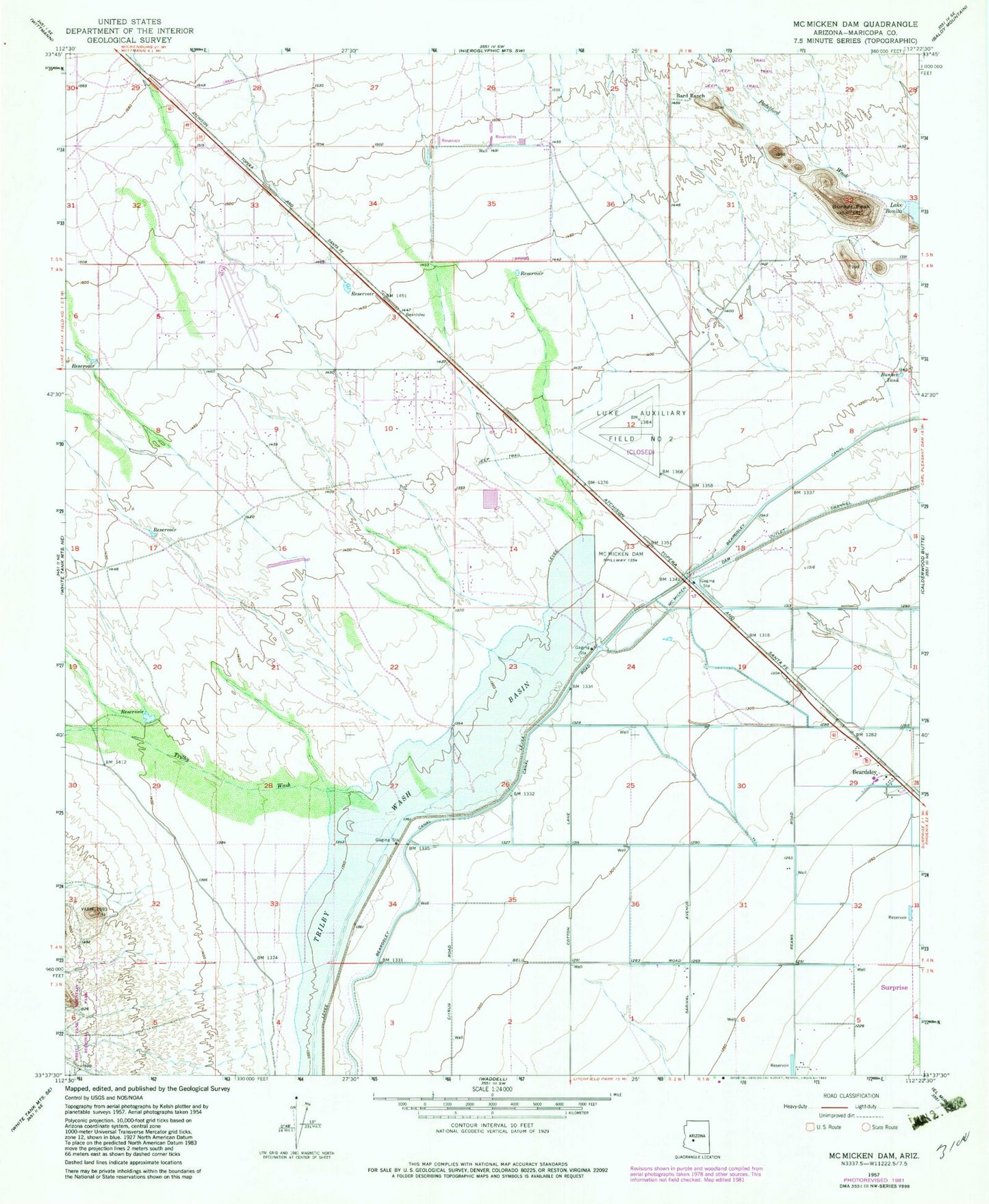 Classic USGS McMicken Dam Arizona 7.5'x7.5' Topo Map Image