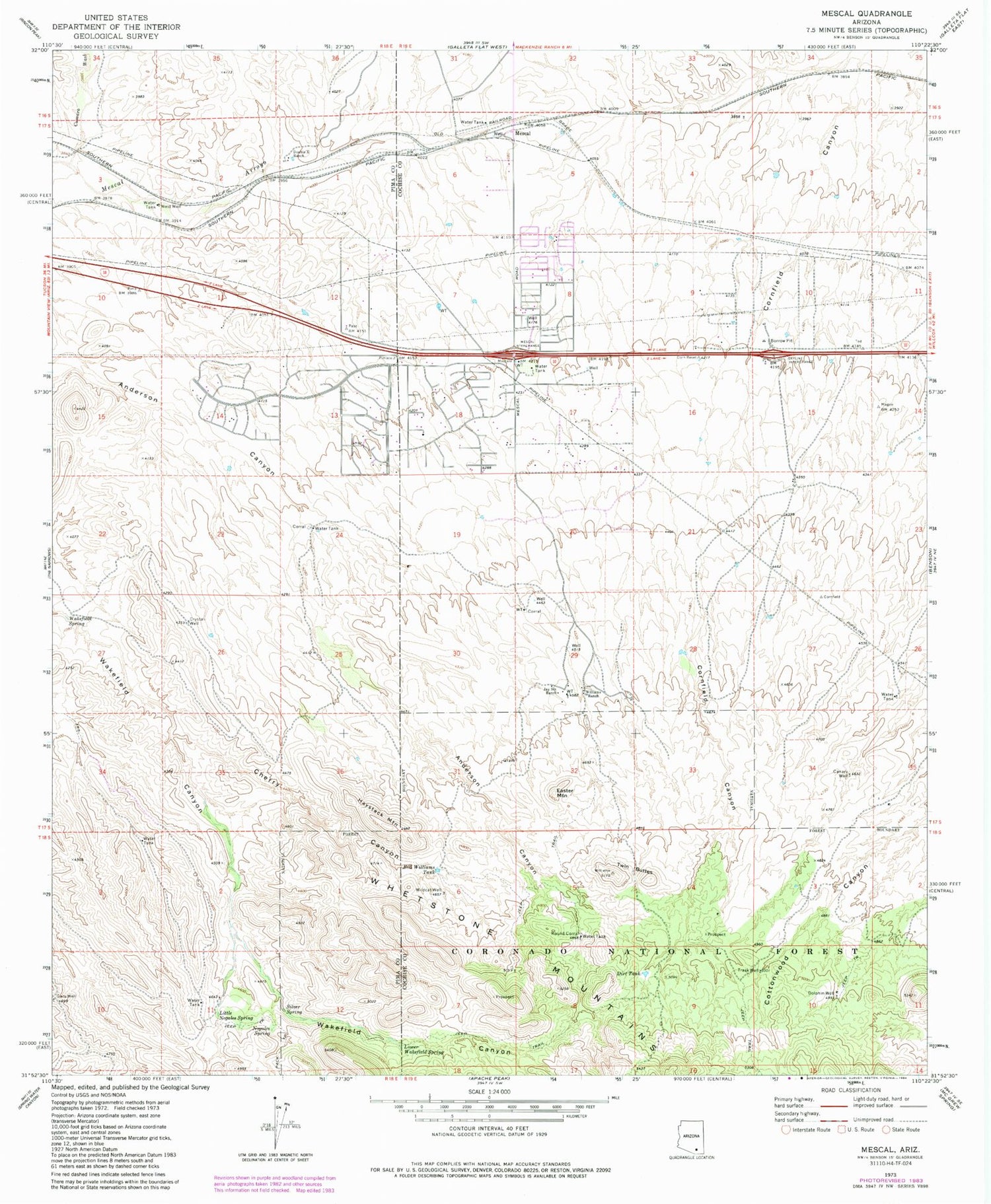 Classic USGS Mescal Arizona 7.5'x7.5' Topo Map Image