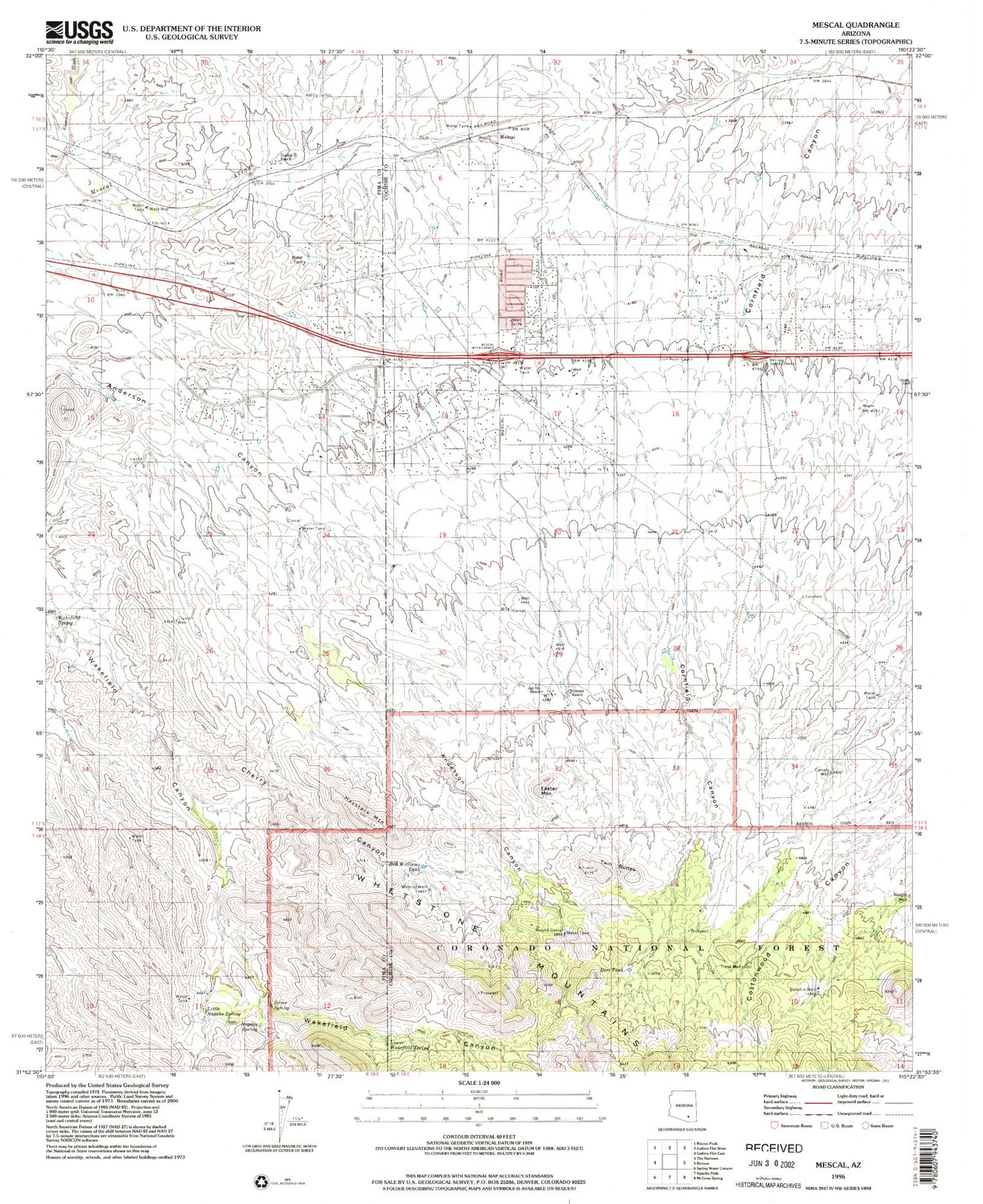 Classic USGS Mescal Arizona 7.5'x7.5' Topo Map Image