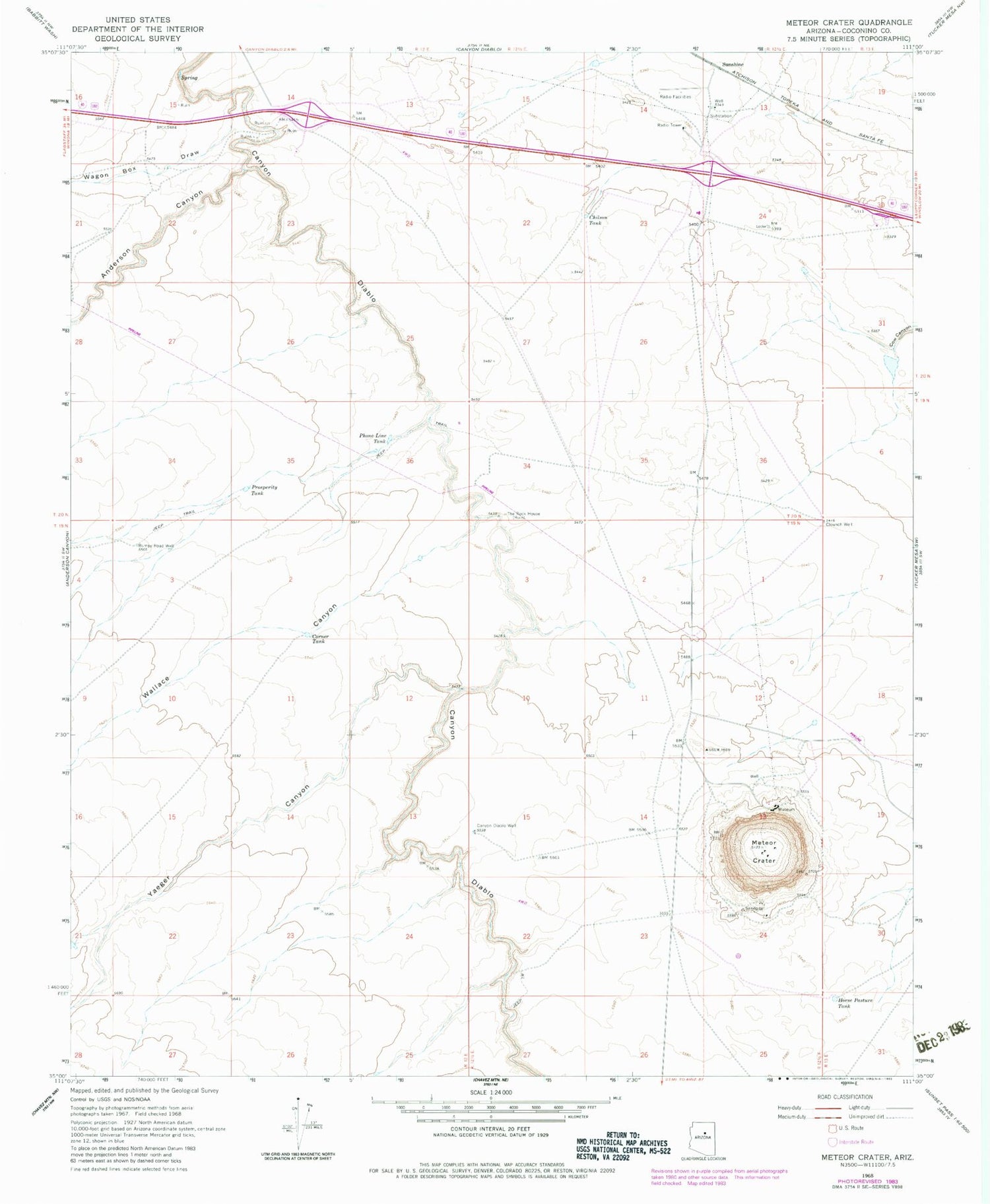 Classic USGS Meteor Crater Arizona 7.5'x7.5' Topo Map Image