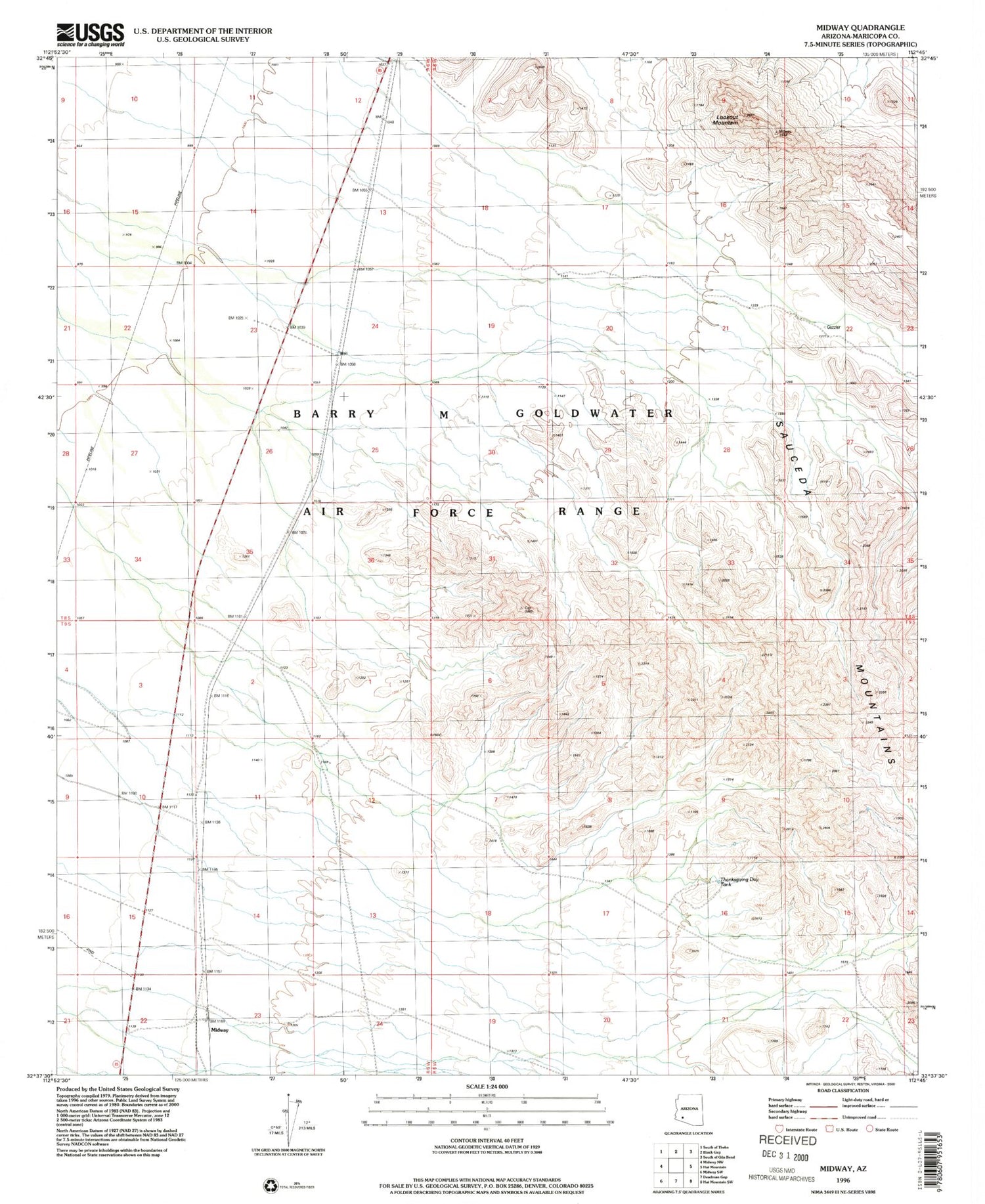 Classic USGS Midway Arizona 7.5'x7.5' Topo Map Image