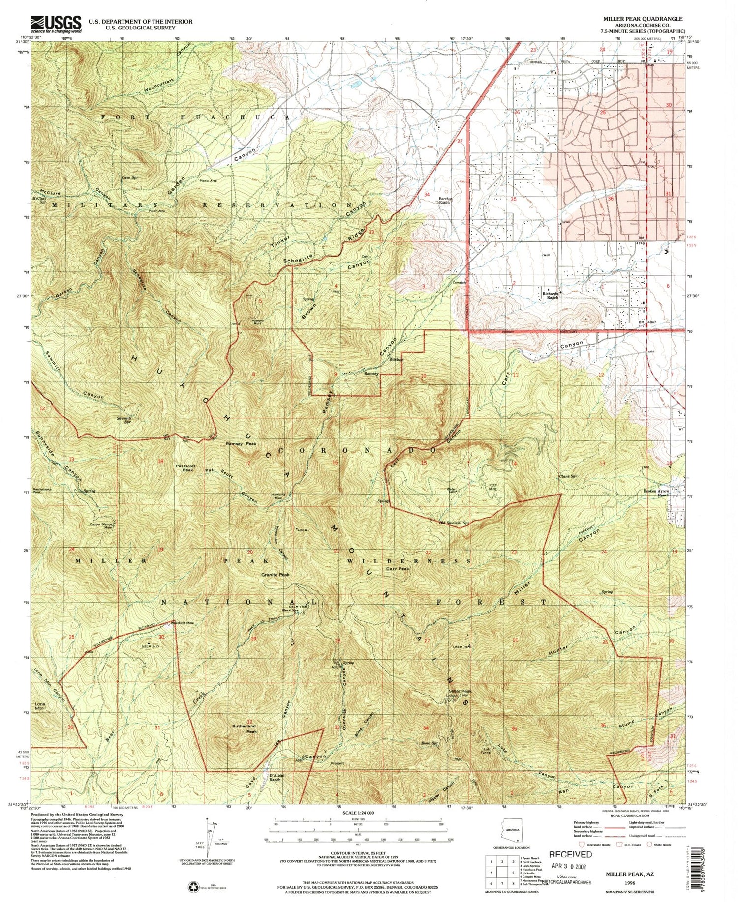 Classic USGS Miller Peak Arizona 7.5'x7.5' Topo Map Image