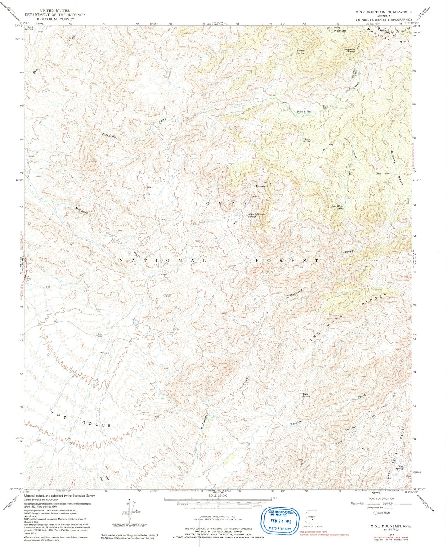 Classic USGS Mine Mountain Arizona 7.5'x7.5' Topo Map Image