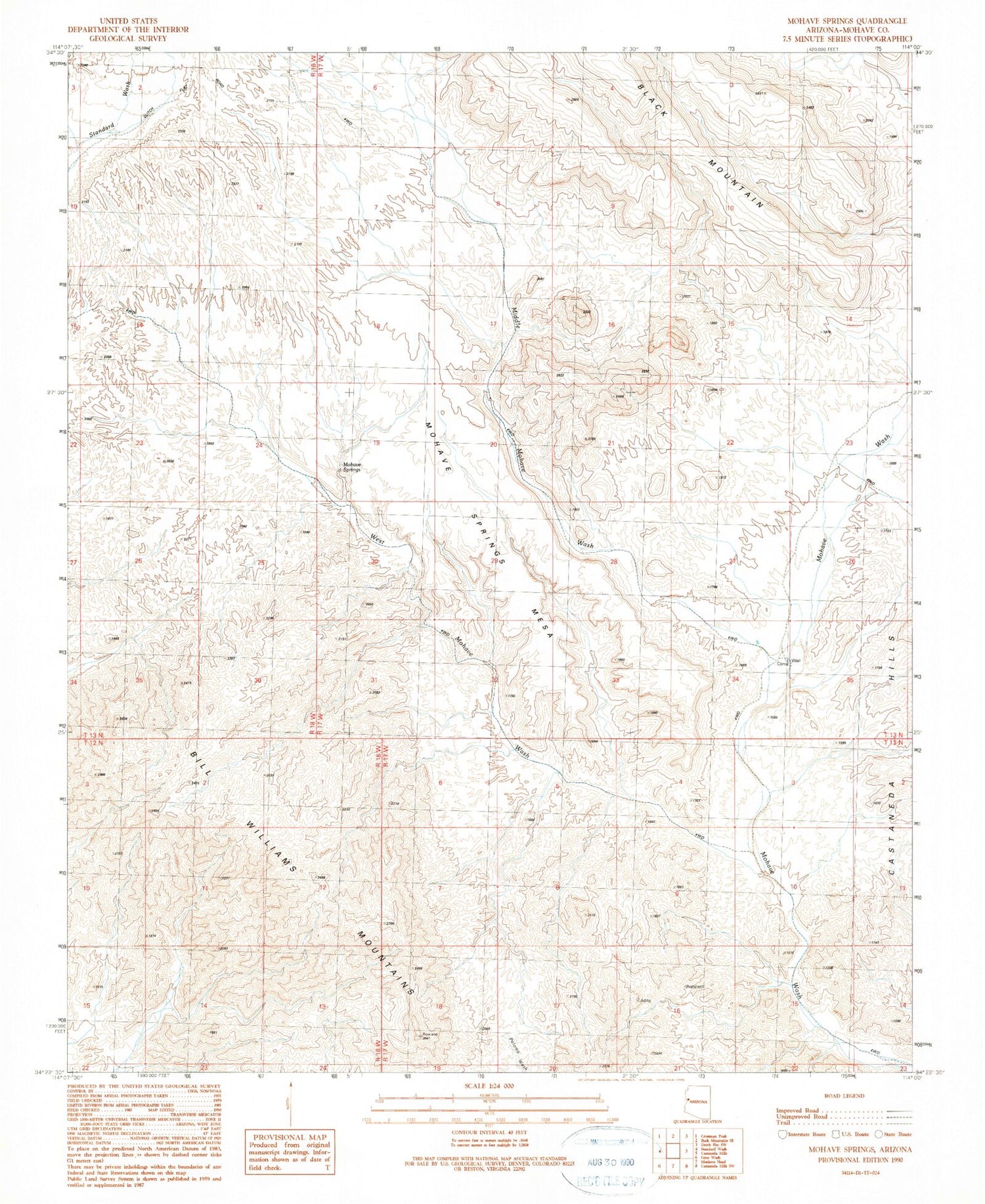 Classic USGS Mohave Springs Arizona 7.5'x7.5' Topo Map Image