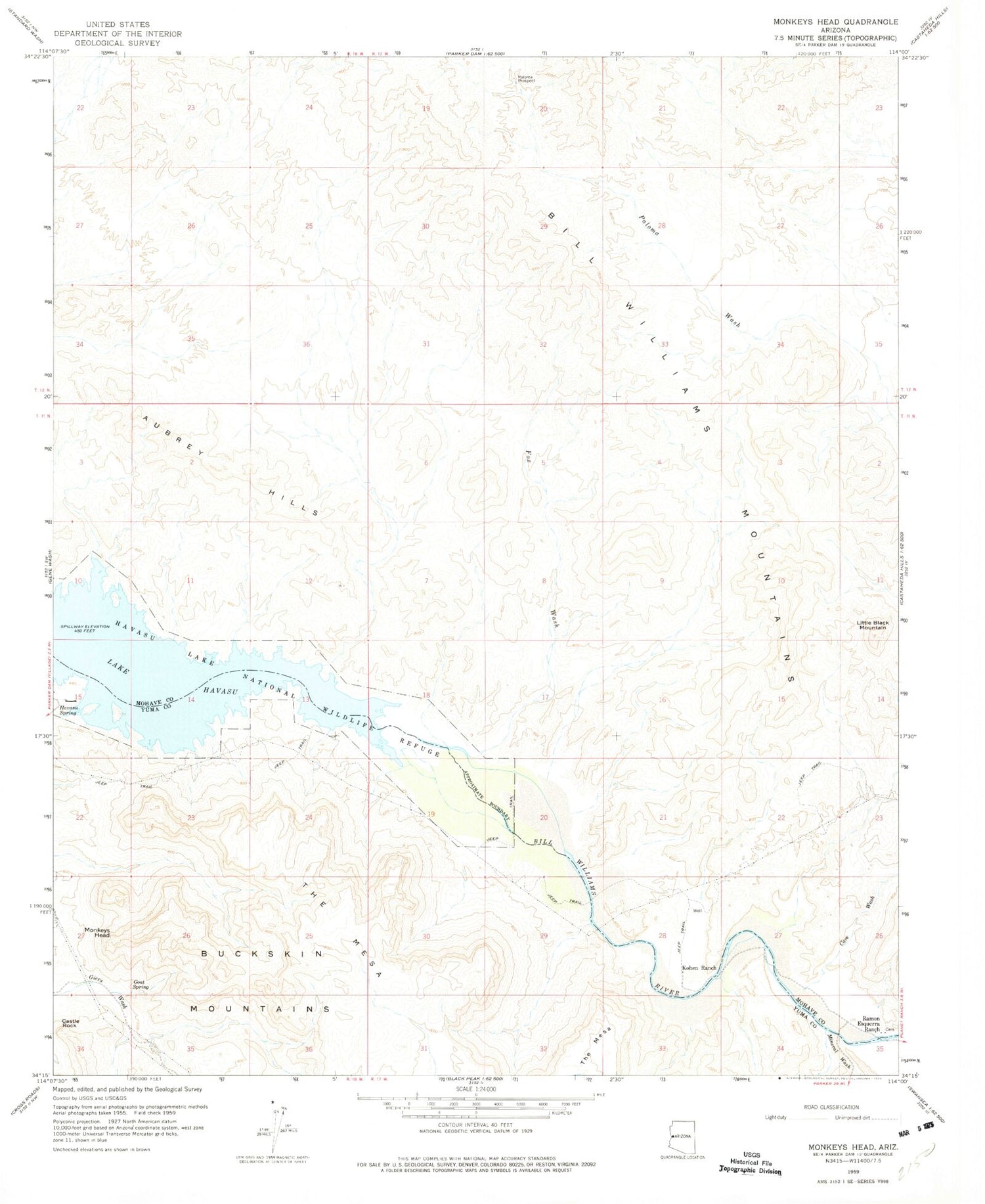 Classic USGS Monkeys Head Arizona 7.5'x7.5' Topo Map Image