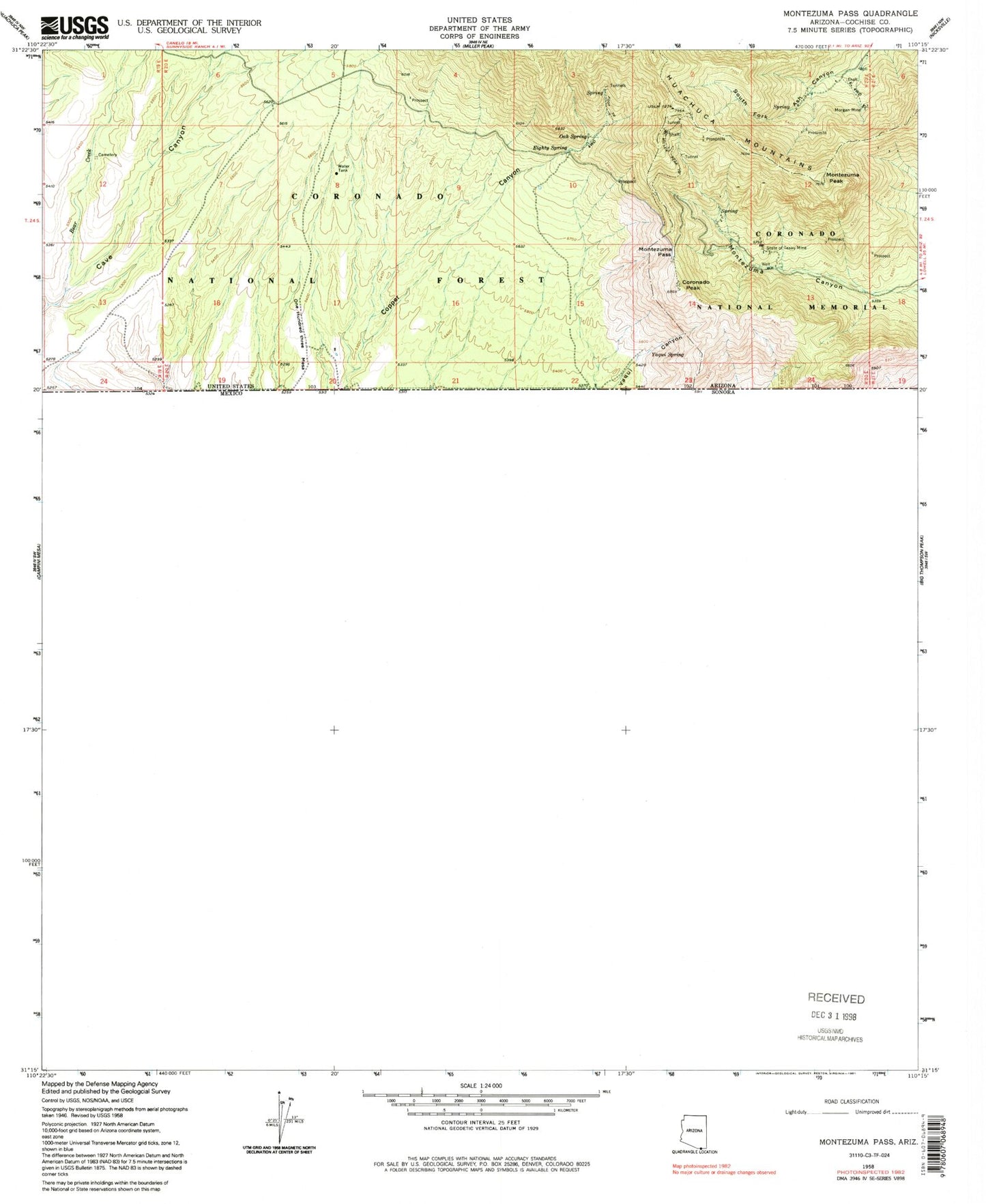 Classic USGS Montezuma Pass Arizona 7.5'x7.5' Topo Map Image