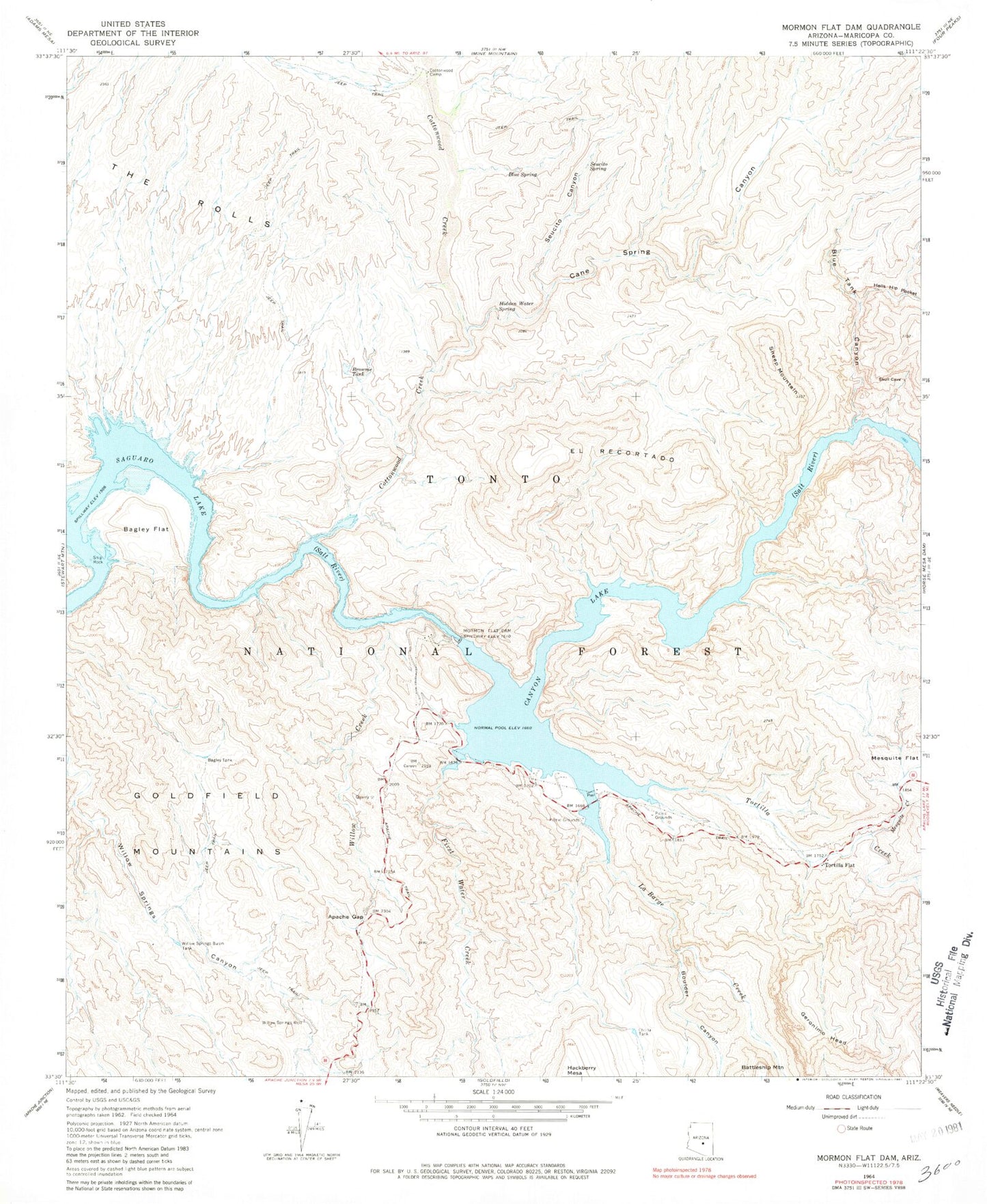 Classic USGS Mormon Flat Dam Arizona 7.5'x7.5' Topo Map Image
