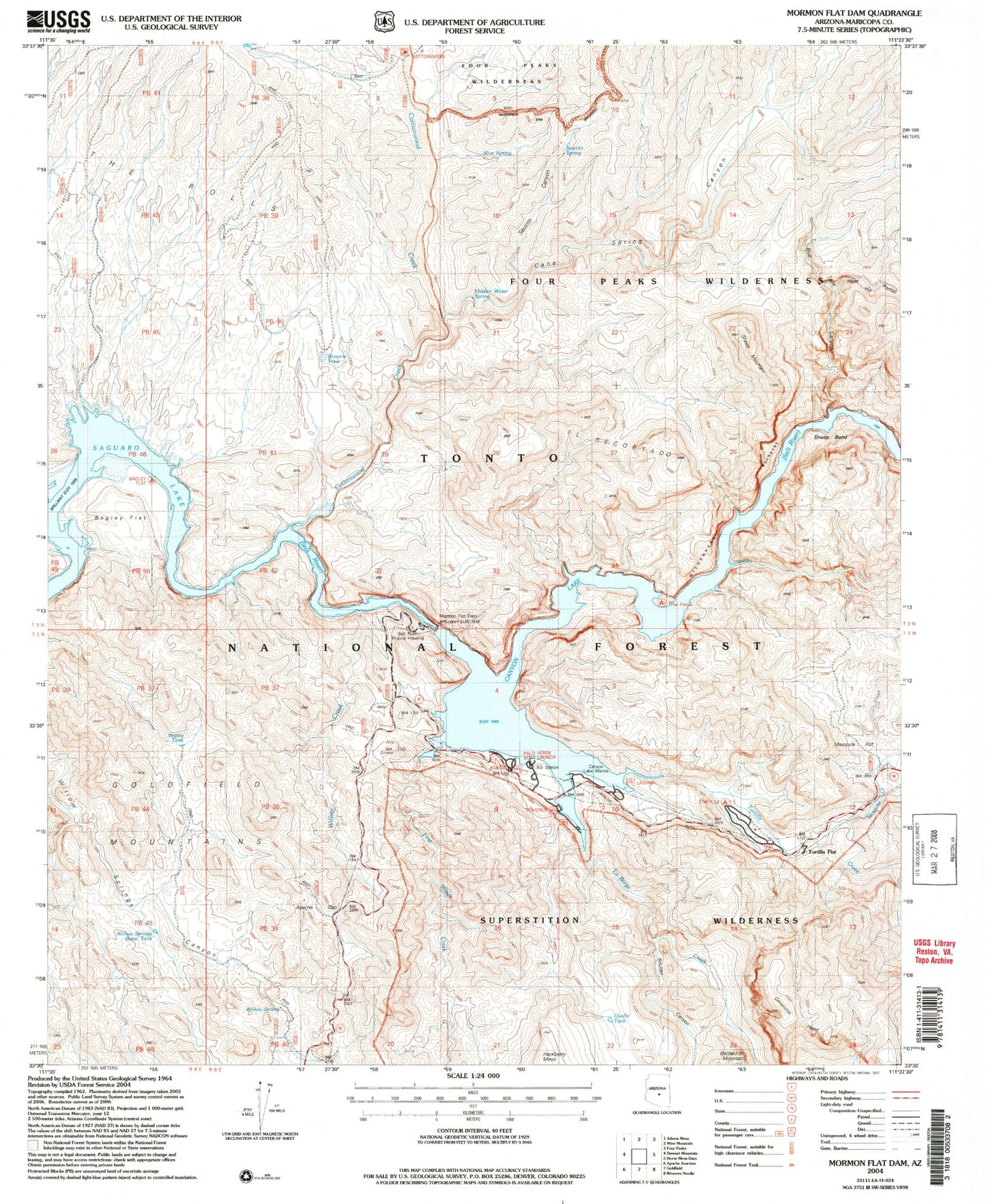 Classic USGS Mormon Flat Dam Arizona 7.5'x7.5' Topo Map Image