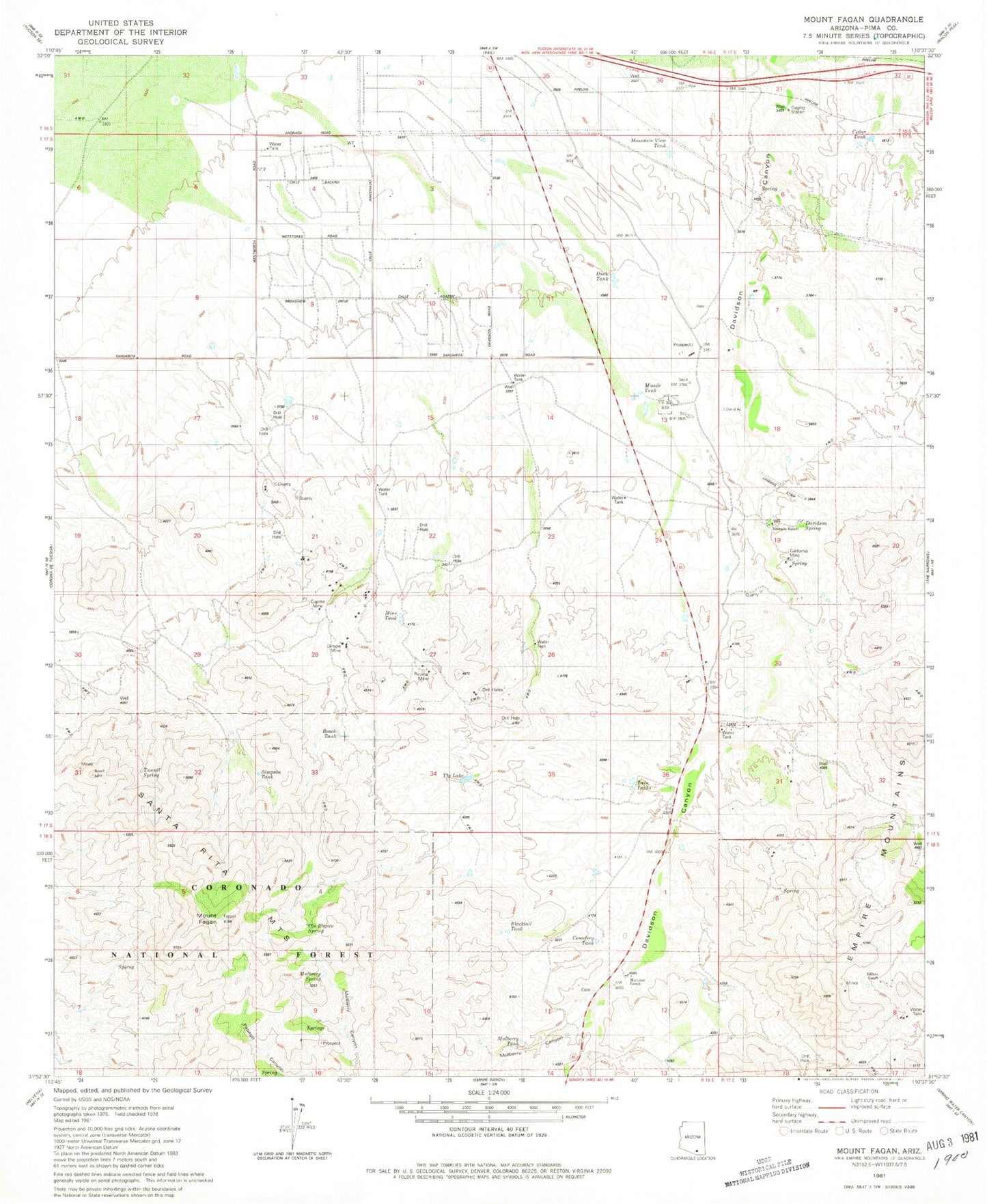 Classic USGS Mount Fagan Arizona 7.5'x7.5' Topo Map Image