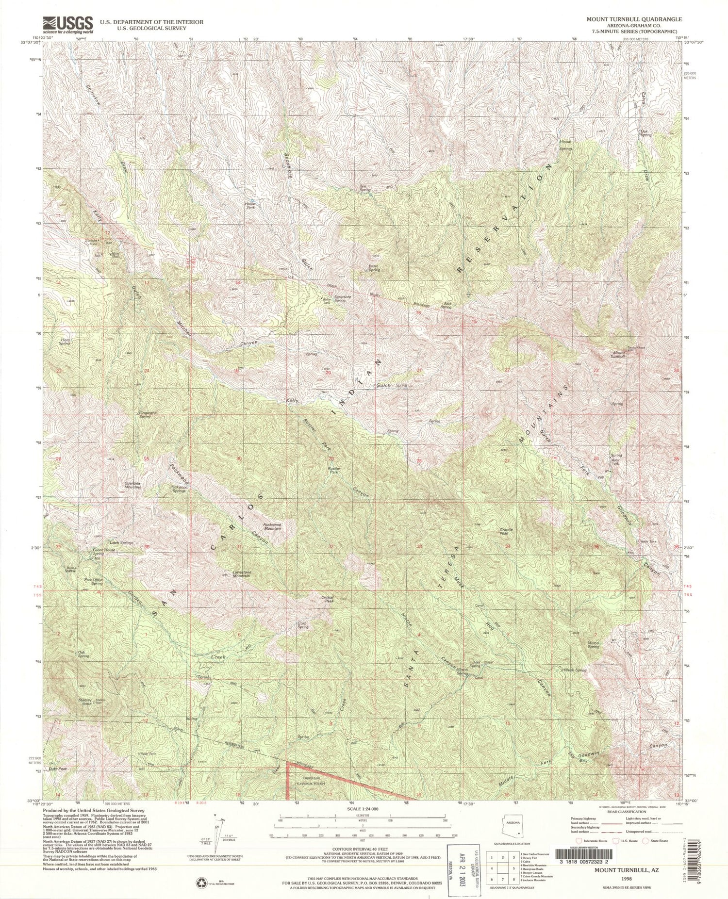 Classic USGS Mount Turnbull Arizona 7.5'x7.5' Topo Map Image