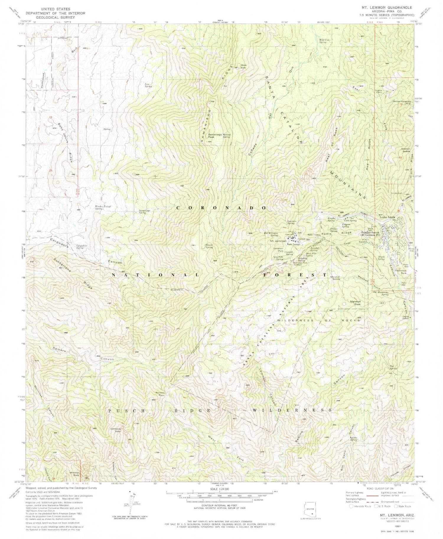 Classic USGS Mount Lemmon Arizona 7.5'x7.5' Topo Map Image