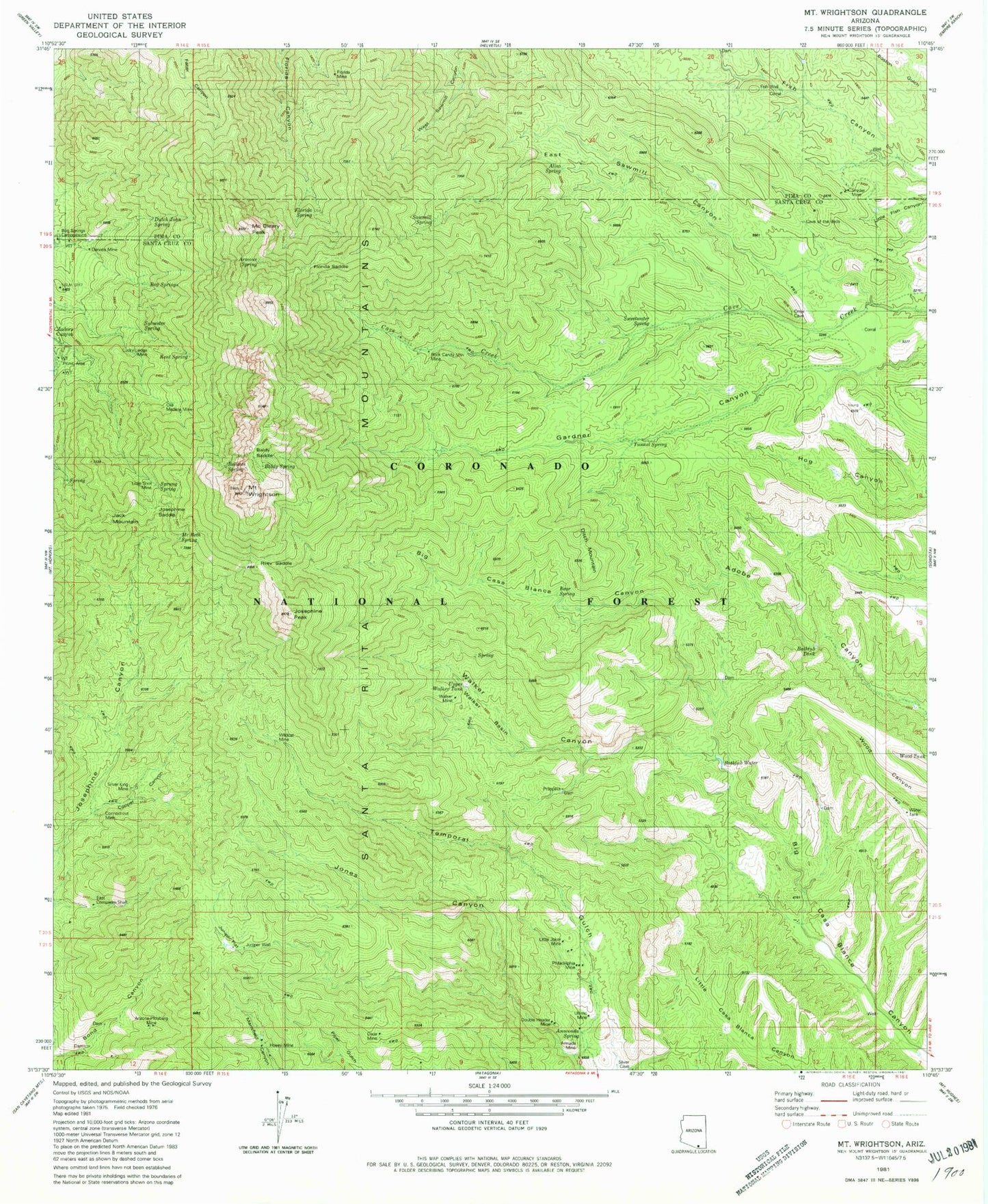 Classic USGS Mount Wrightson Arizona 7.5'x7.5' Topo Map Image