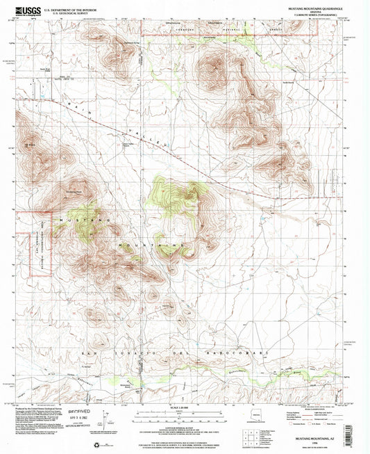 Classic USGS Mustang Mountains Arizona 7.5'x7.5' Topo Map Image