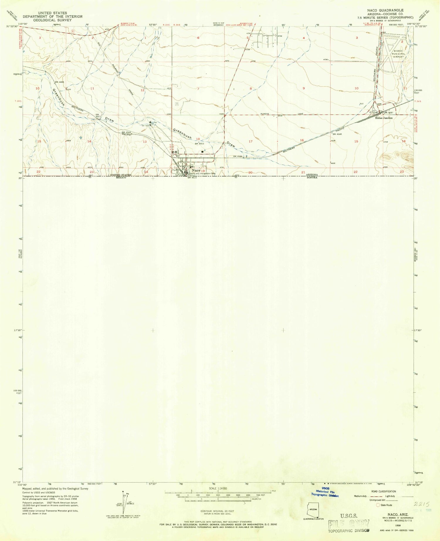 Classic USGS Naco Arizona 7.5'x7.5' Topo Map Image