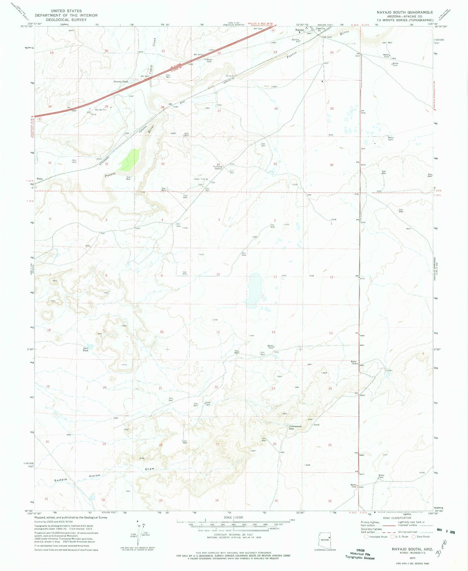 Classic USGS Navajo South Arizona 7.5'x7.5' Topo Map Image