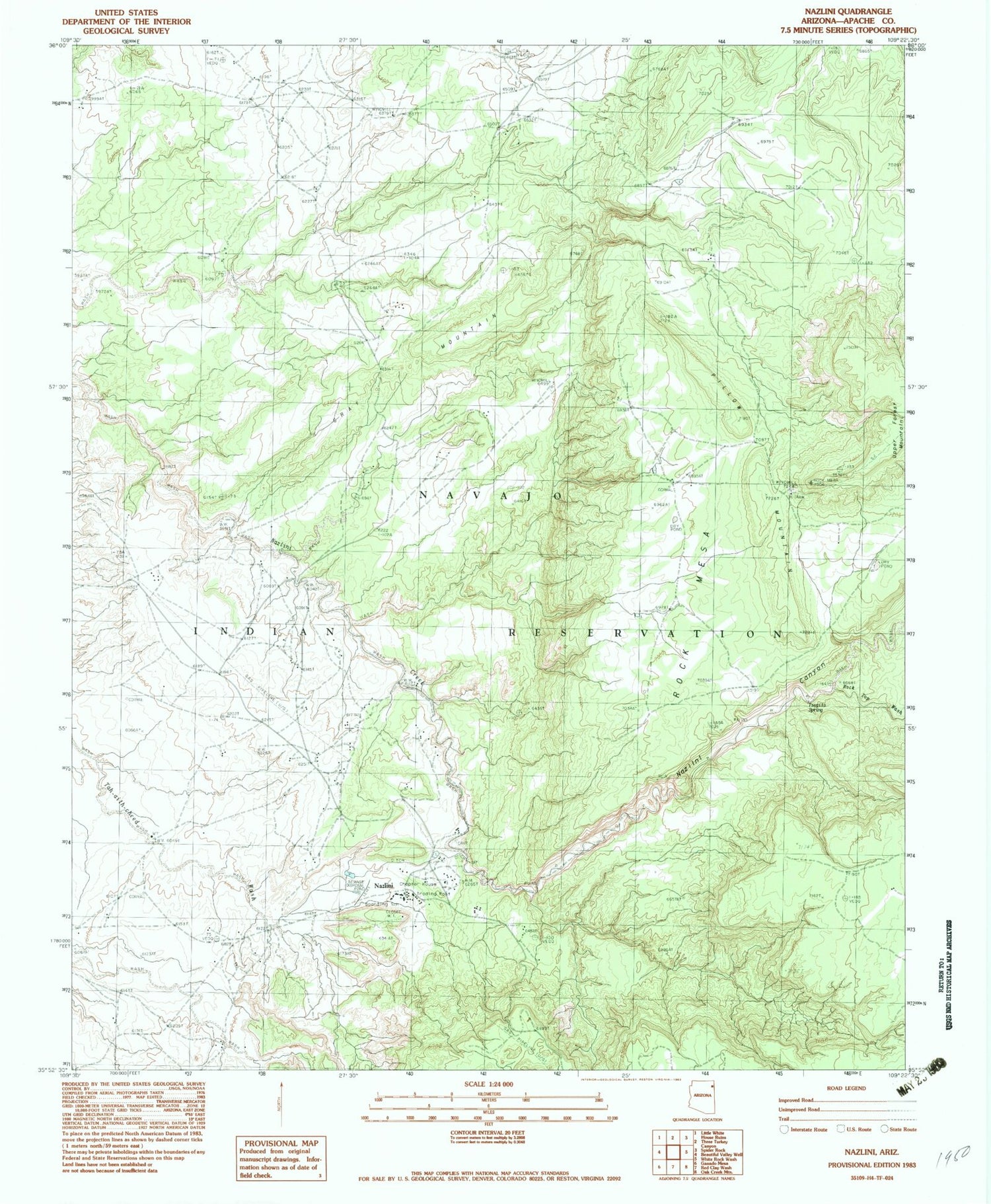 Classic USGS Nazlini Arizona 7.5'x7.5' Topo Map Image