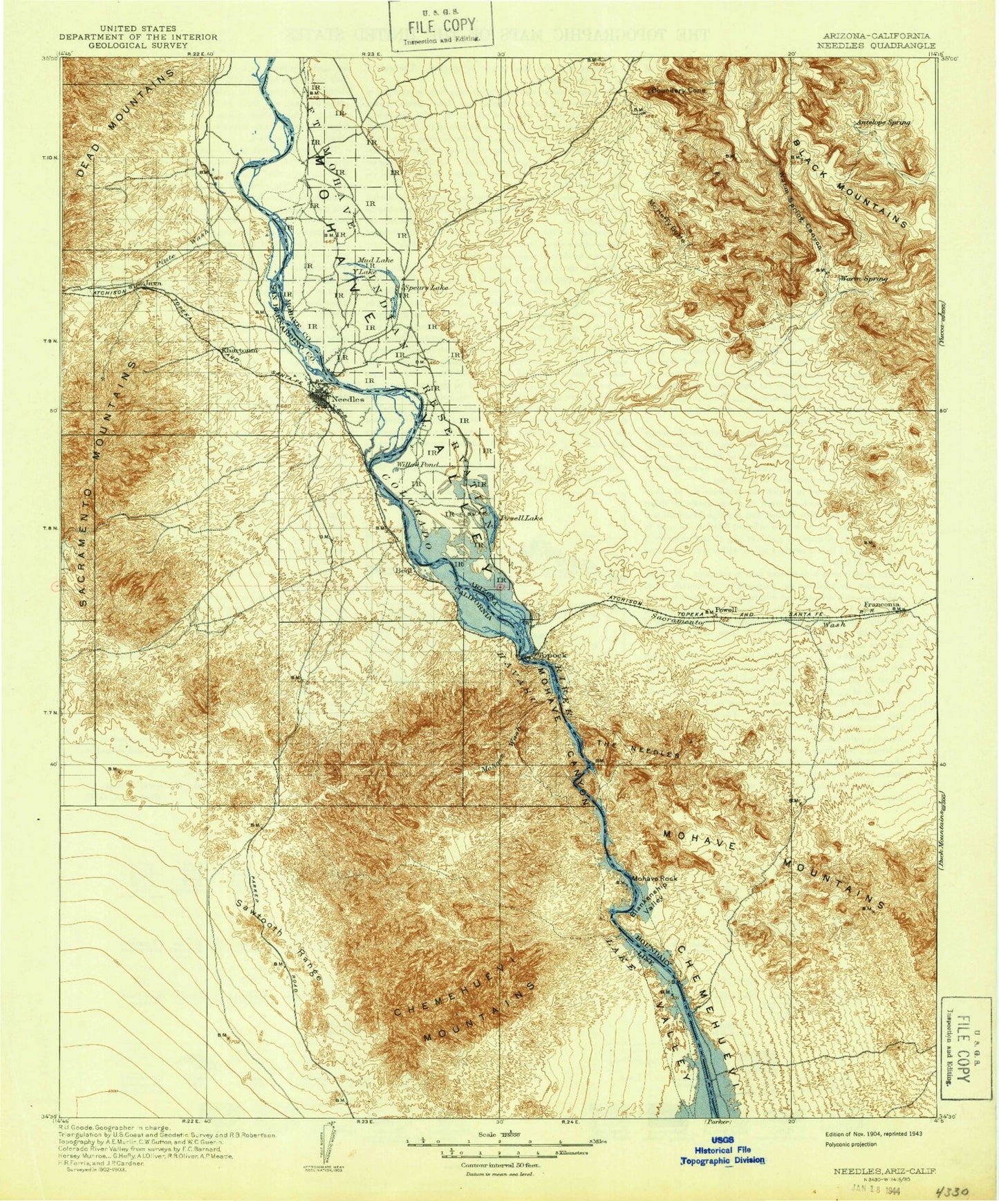 Historic 1904 Needles California 30'x30' Topo Map Image
