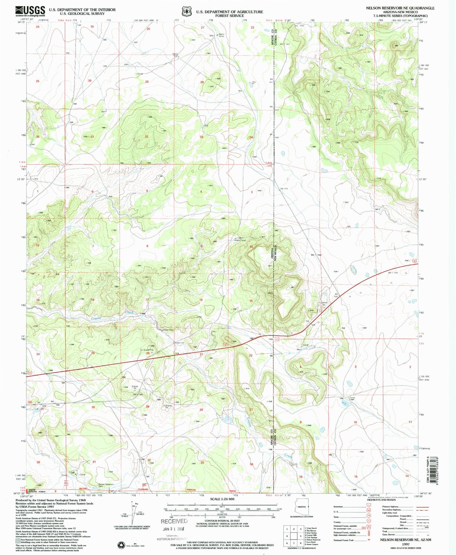 Classic USGS Nelson Reservoir NE Arizona 7.5'x7.5' Topo Map Image