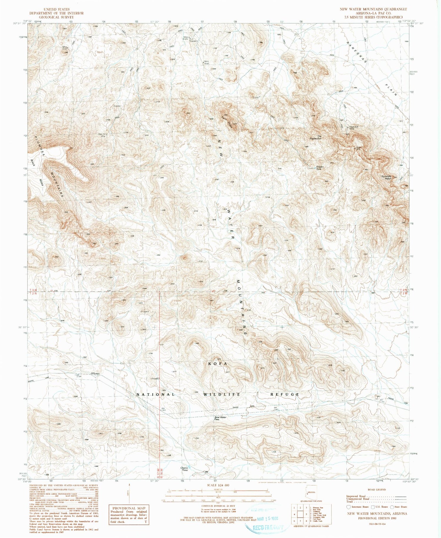 Classic USGS New Water Mountains Arizona 7.5'x7.5' Topo Map Image