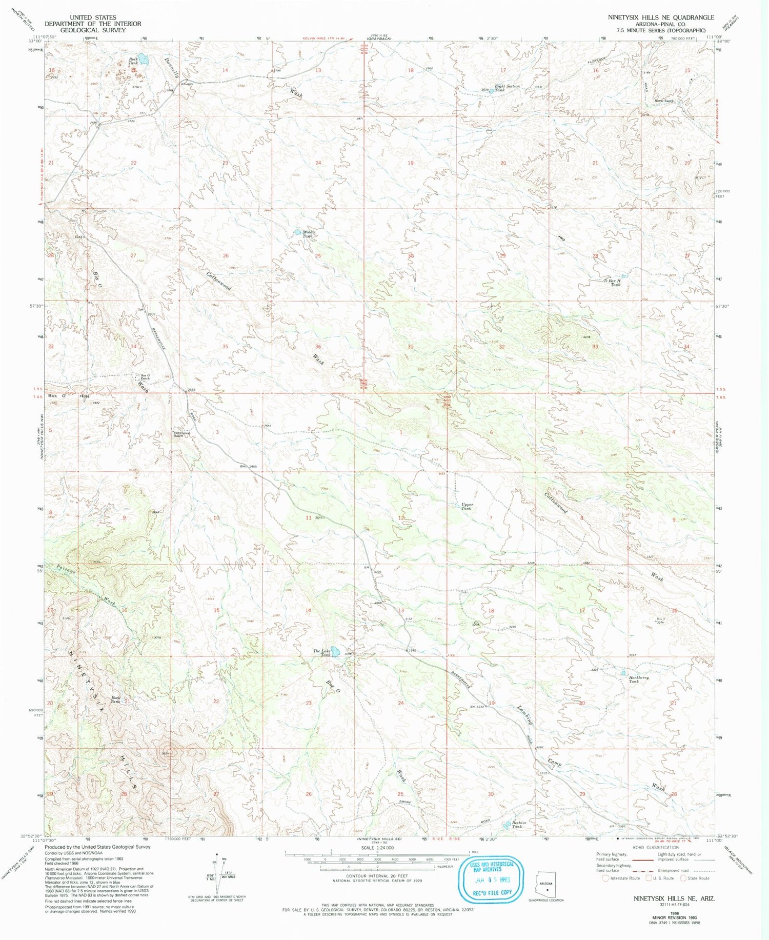 Classic USGS Ninetysix Hills NE Arizona 7.5'x7.5' Topo Map Image