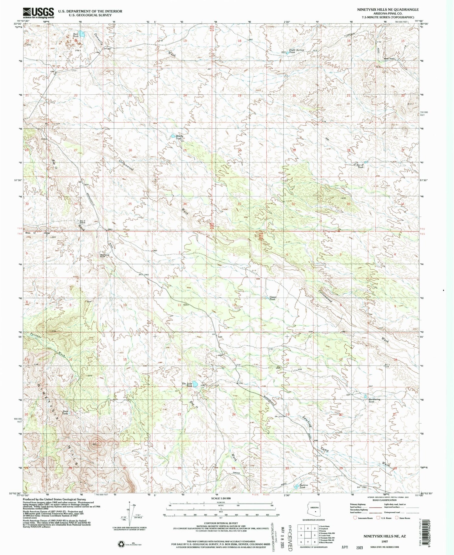 Classic USGS Ninetysix Hills NE Arizona 7.5'x7.5' Topo Map Image