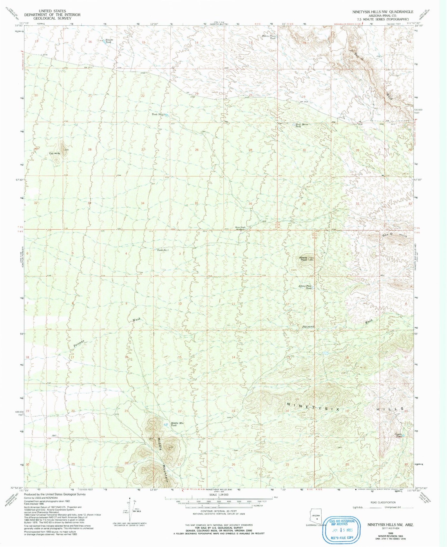 Classic USGS Ninetysix Hills NW Arizona 7.5'x7.5' Topo Map Image