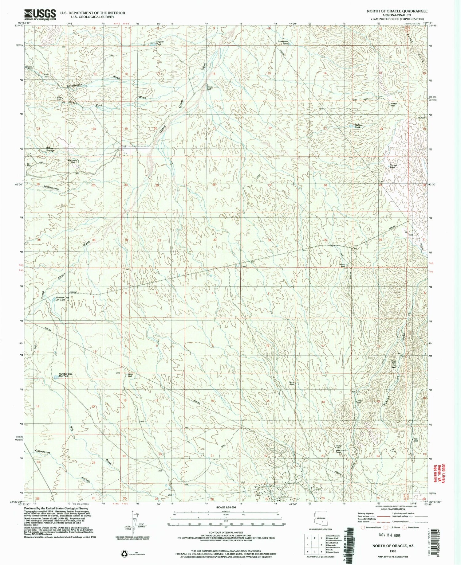 Classic USGS North of Oracle Arizona 7.5'x7.5' Topo Map Image