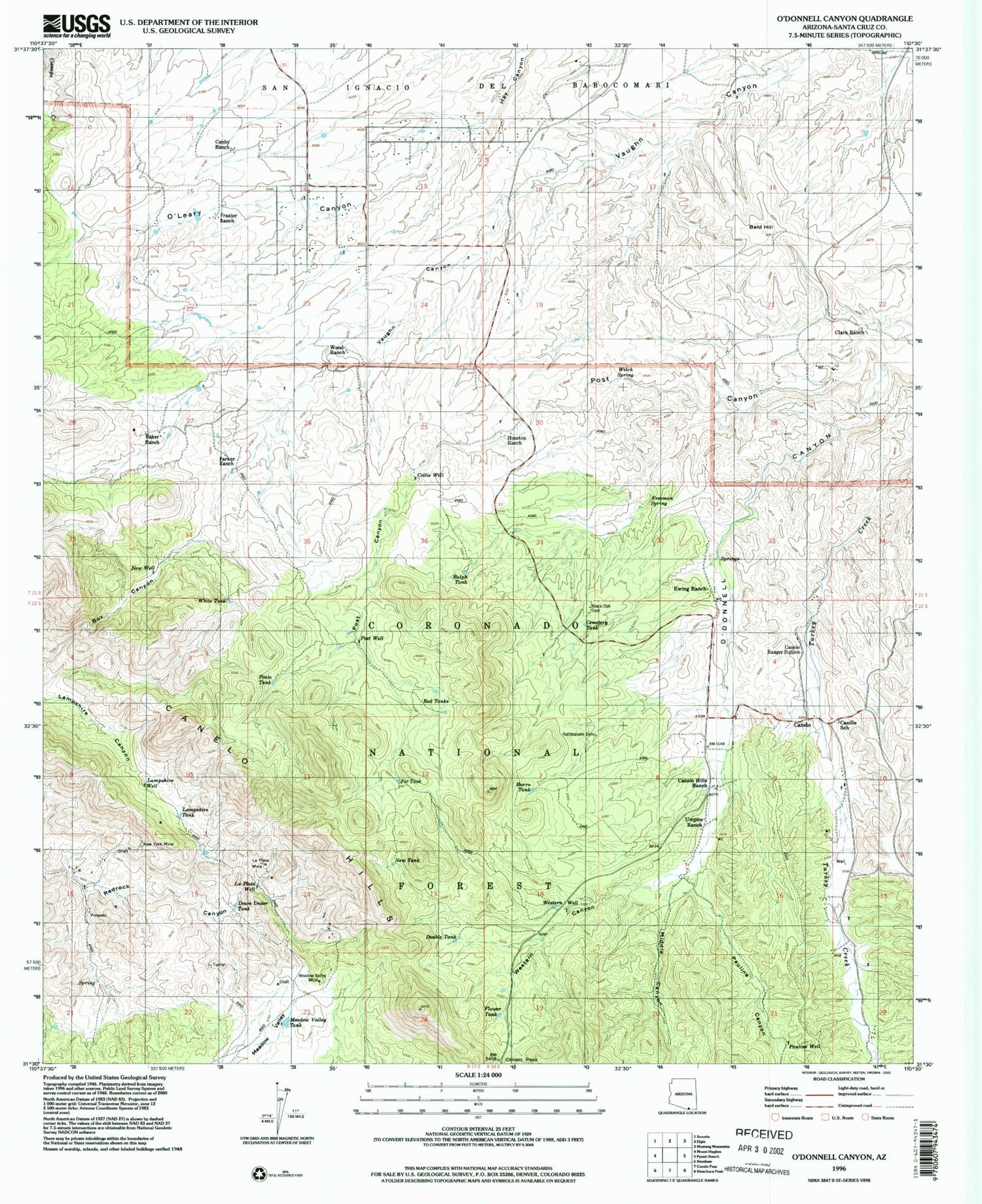Classic USGS O'Donnell Canyon Arizona 7.5'x7.5' Topo Map Image