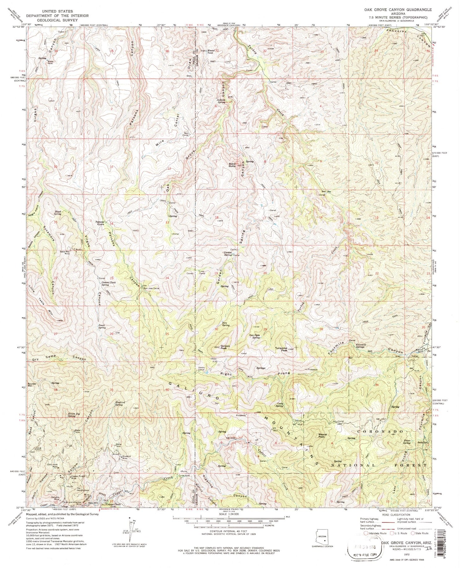 Classic USGS Oak Grove Canyon Arizona 7.5'x7.5' Topo Map Image