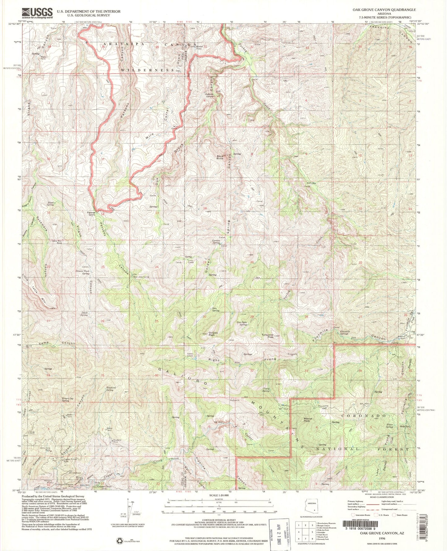 Classic USGS Oak Grove Canyon Arizona 7.5'x7.5' Topo Map Image
