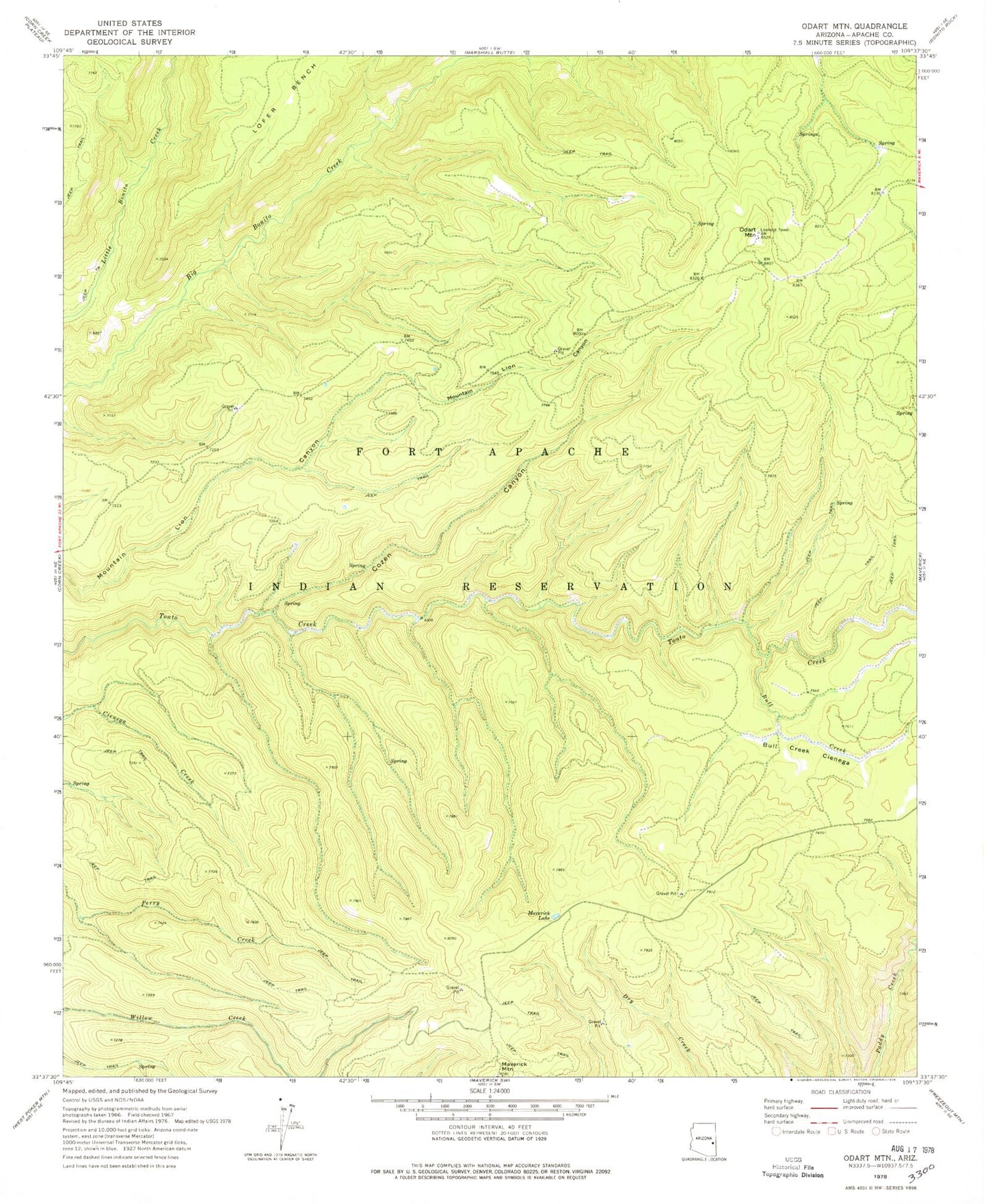Classic USGS Odart Mountain Arizona 7.5'x7.5' Topo Map Image