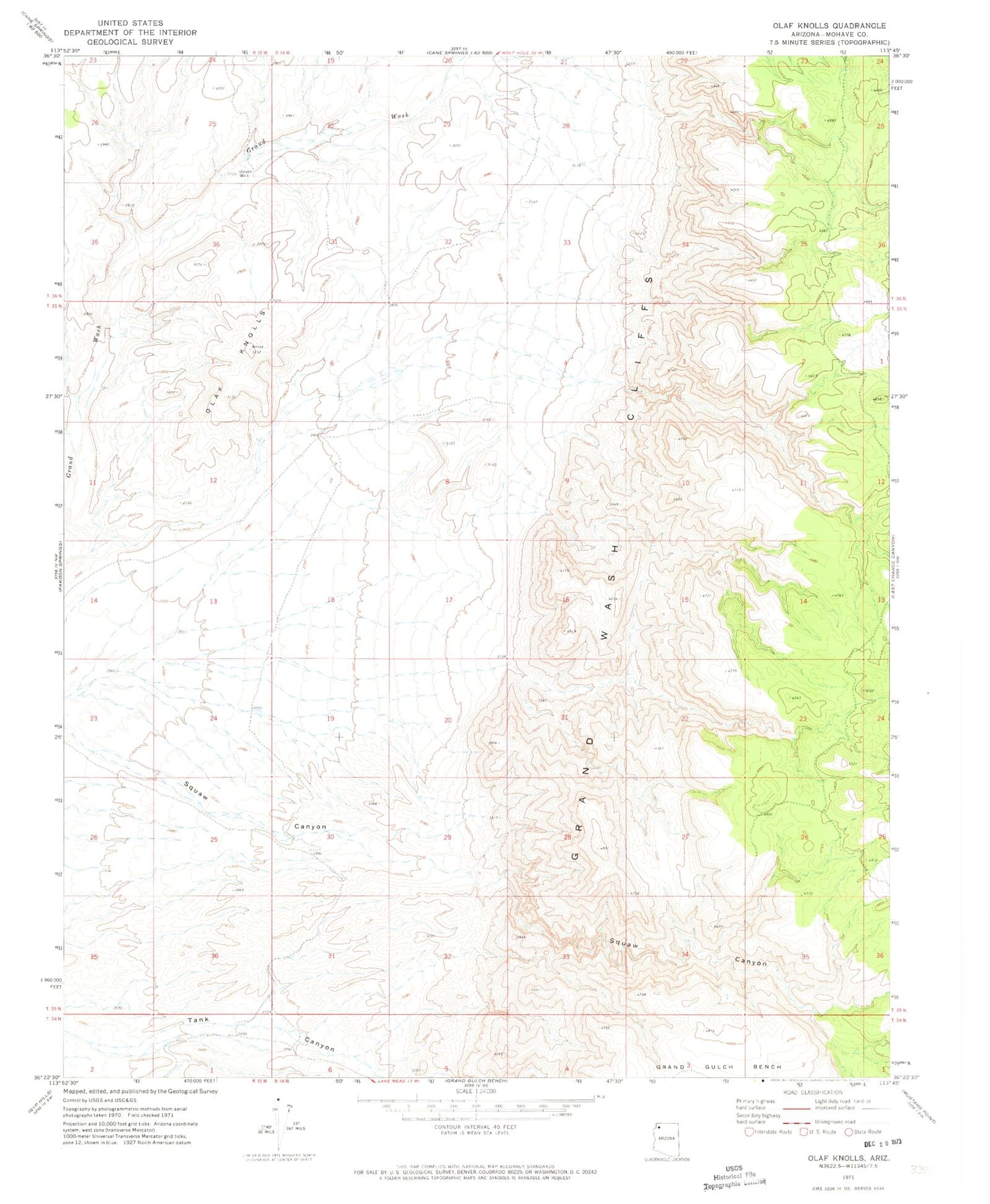 Classic USGS Olaf Knolls Arizona 7.5'x7.5' Topo Map Image