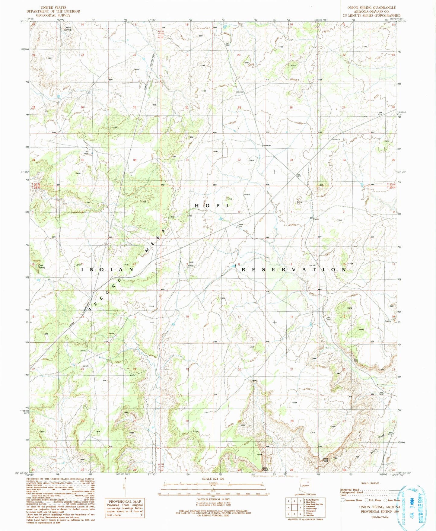 Classic USGS Onion Spring Arizona 7.5'x7.5' Topo Map Image