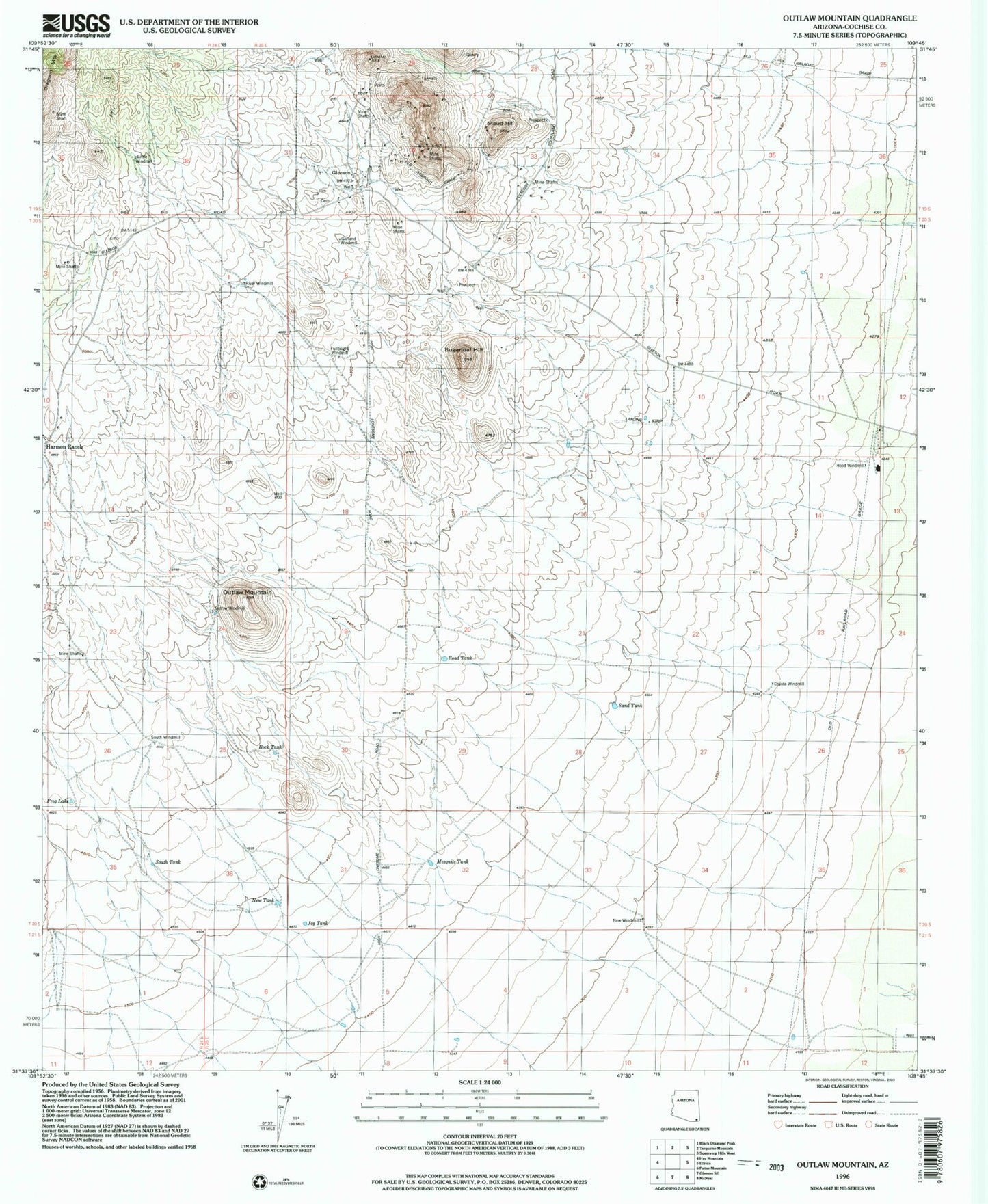 Classic USGS Outlaw Mountain Arizona 7.5'x7.5' Topo Map Image