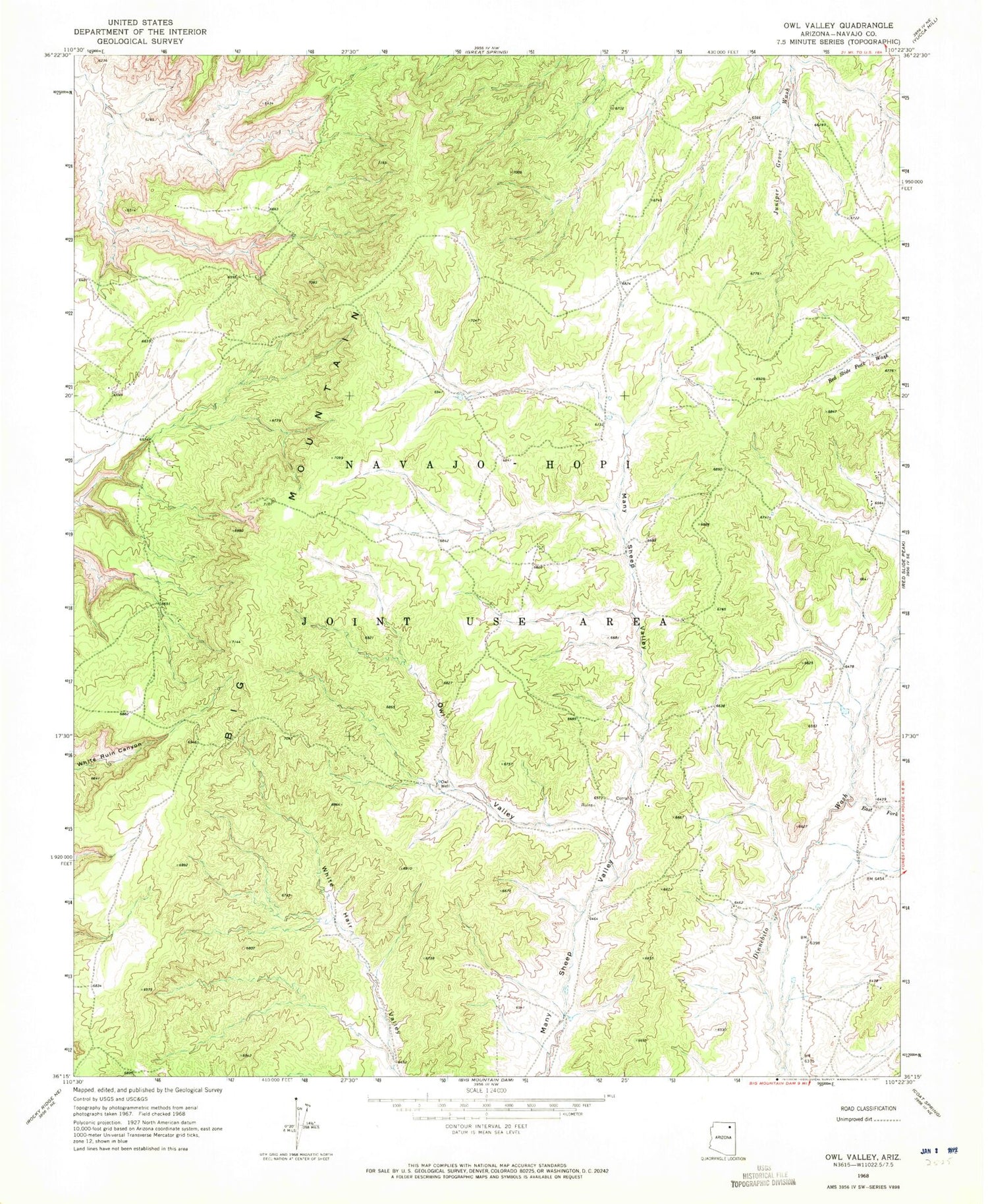 Classic USGS Owl Valley Arizona 7.5'x7.5' Topo Map Image