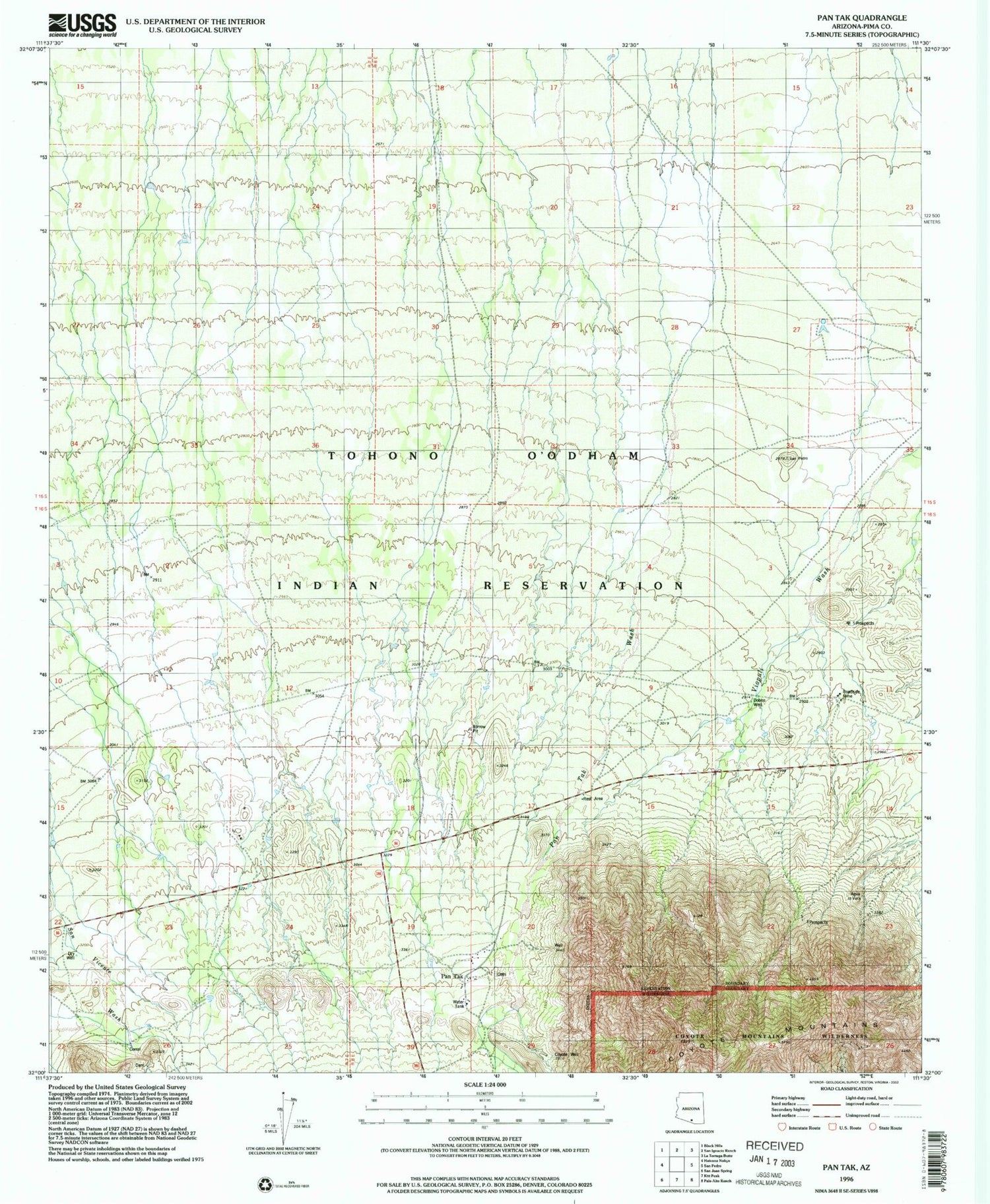 Classic USGS Pan Tak Arizona 7.5'x7.5' Topo Map Image