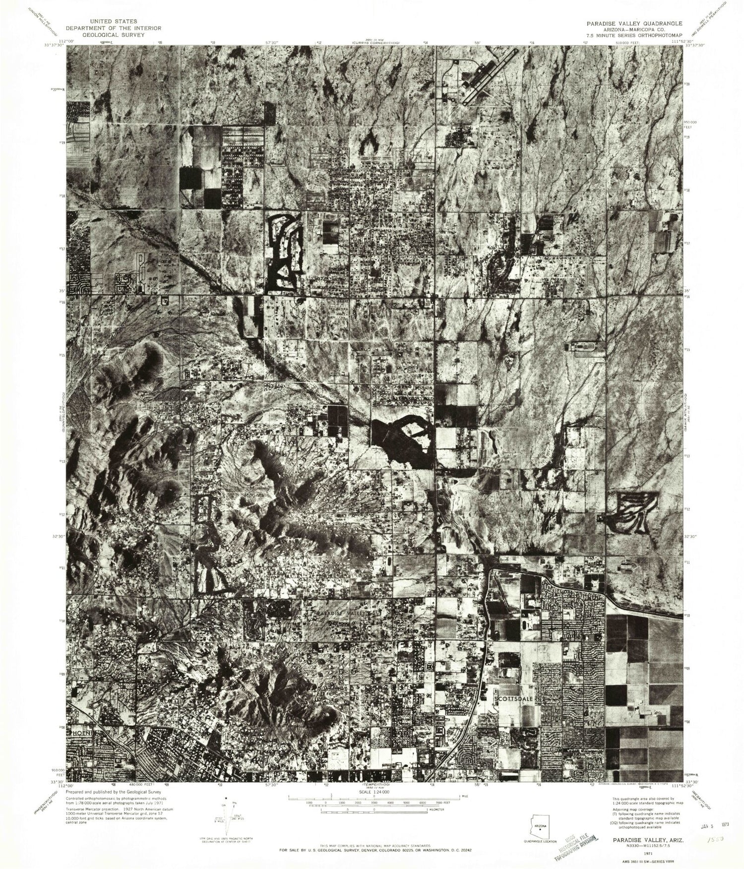 Classic USGS Paradise Valley Arizona 7.5'x7.5' Topo Map Image