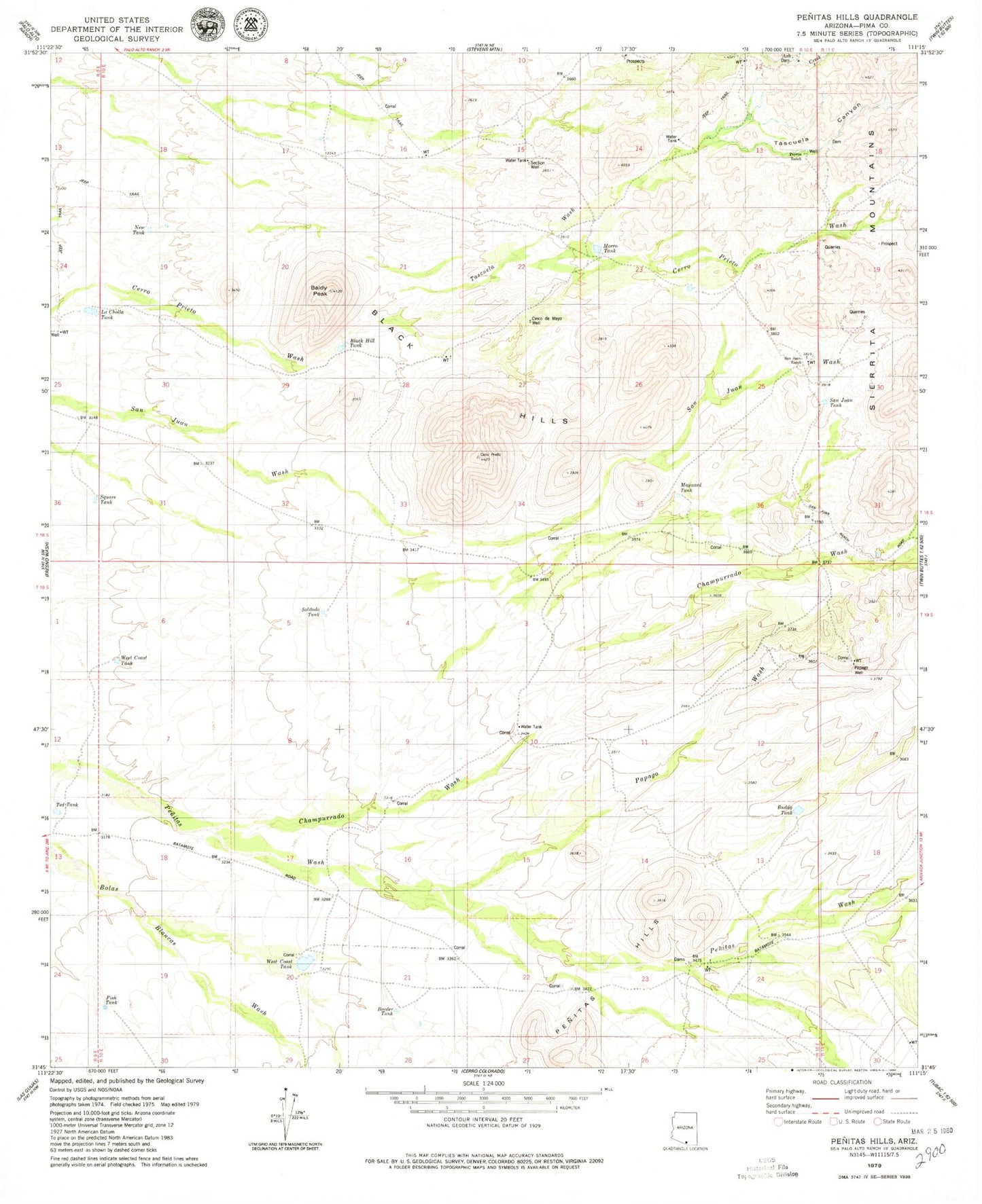 Classic USGS Penitas Hills Arizona 7.5'x7.5' Topo Map Image