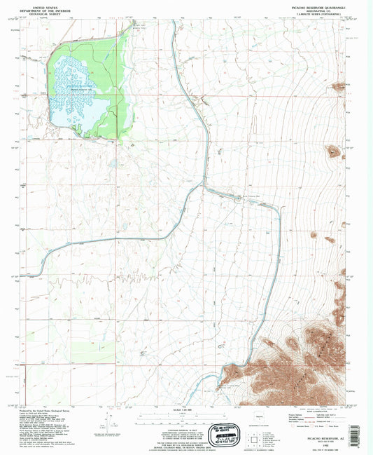 Classic USGS Picacho Reservoir Arizona 7.5'x7.5' Topo Map Image