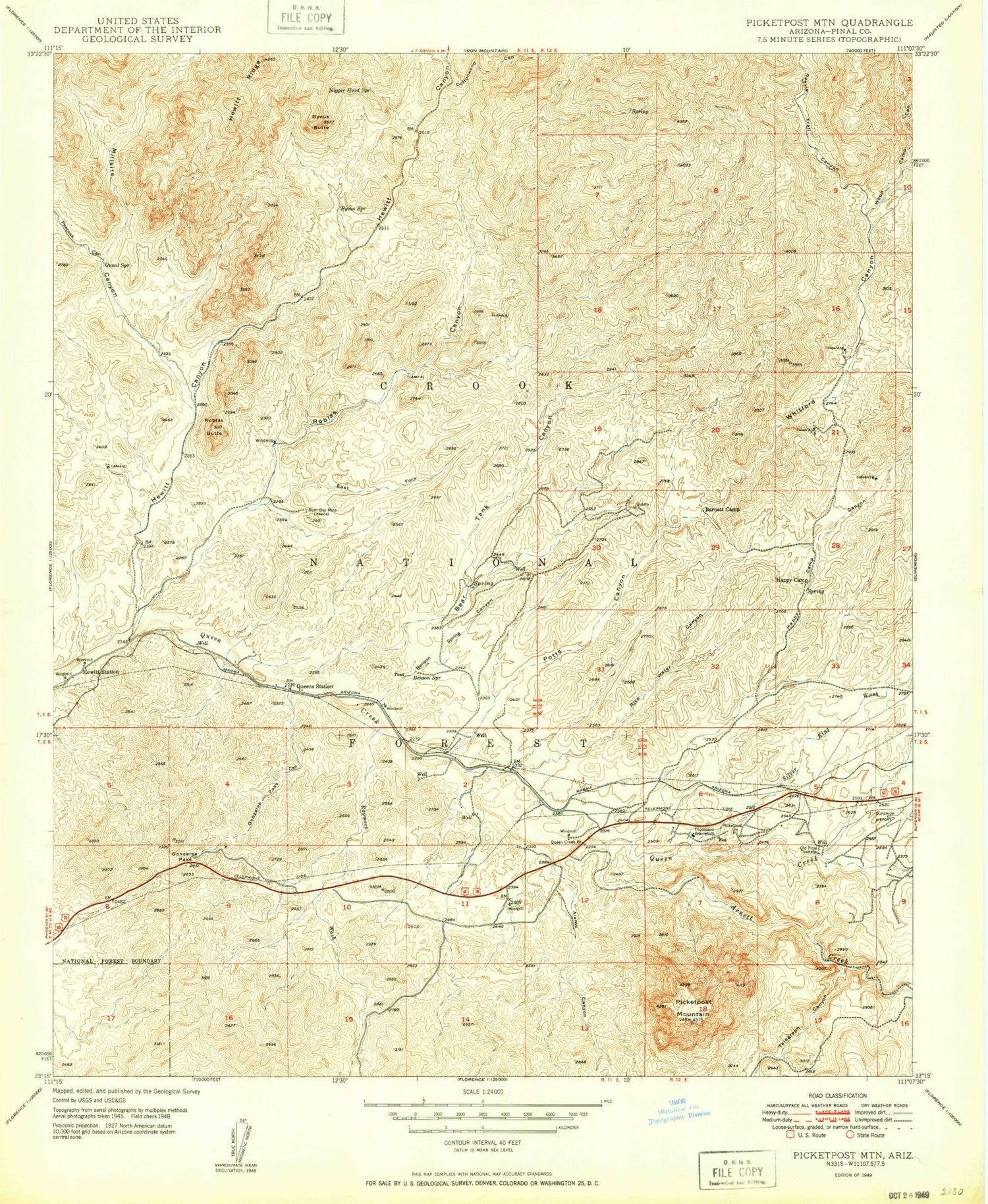 Classic USGS Picketpost Mountain Arizona 7.5'x7.5' Topo Map Image