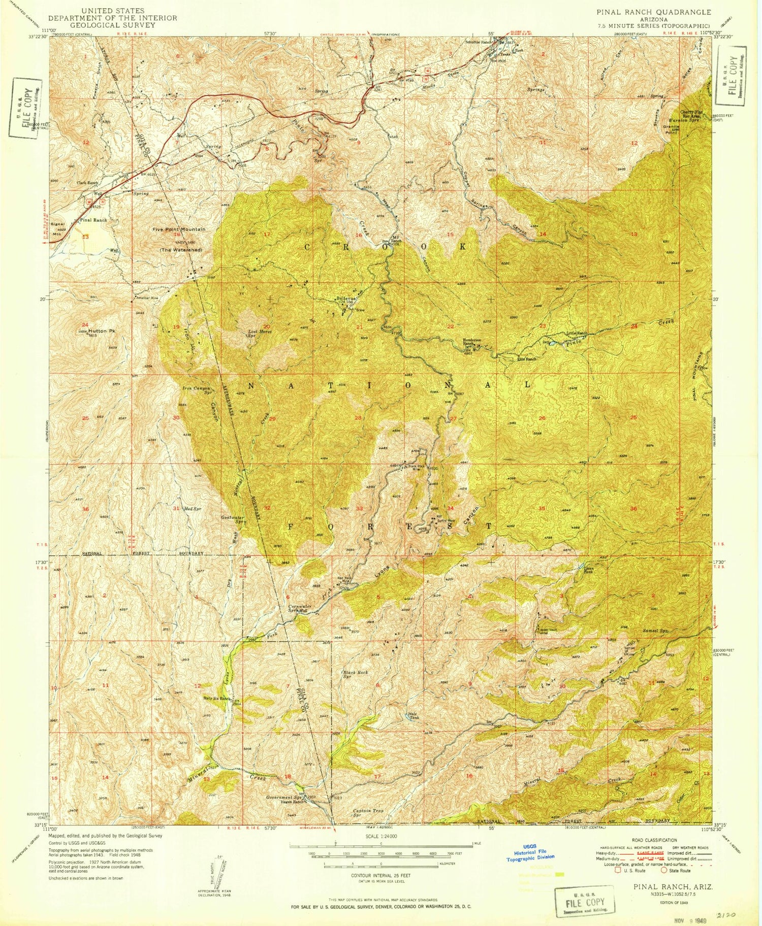 Classic USGS Pinal Ranch Arizona 7.5'x7.5' Topo Map Image