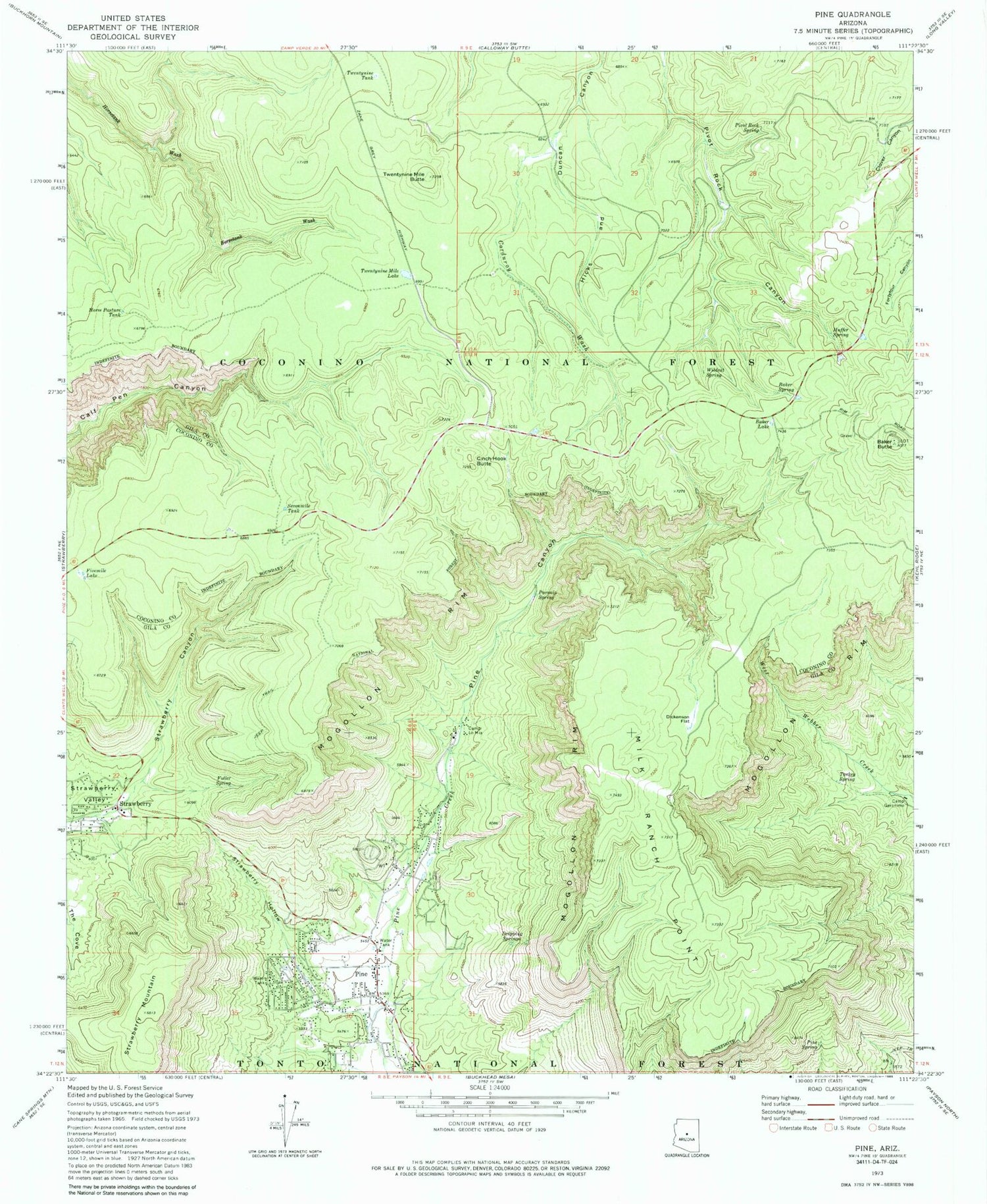 Classic USGS Pine Arizona 7.5'x7.5' Topo Map Image