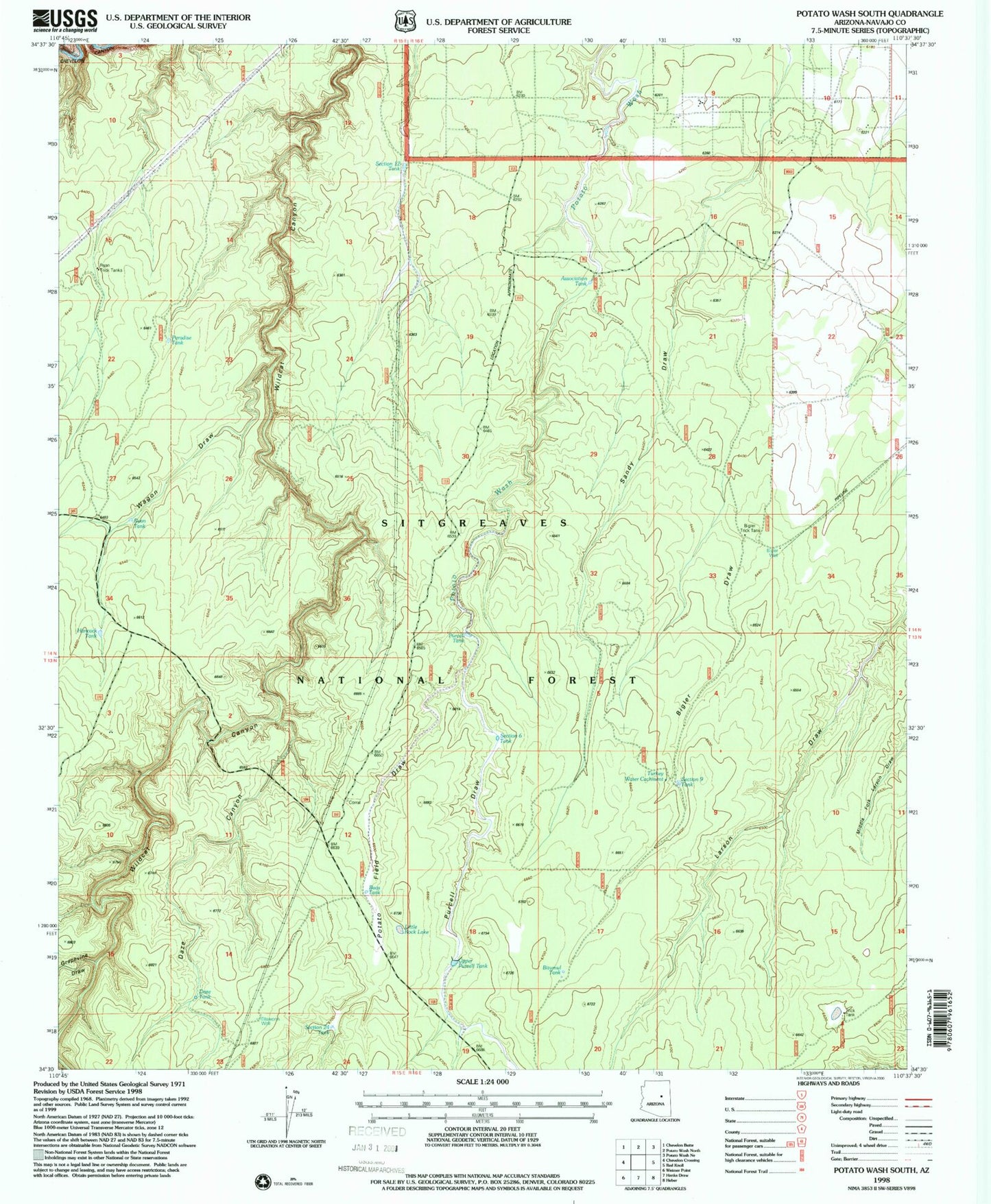 Classic USGS Potato Wash South Arizona 7.5'x7.5' Topo Map Image