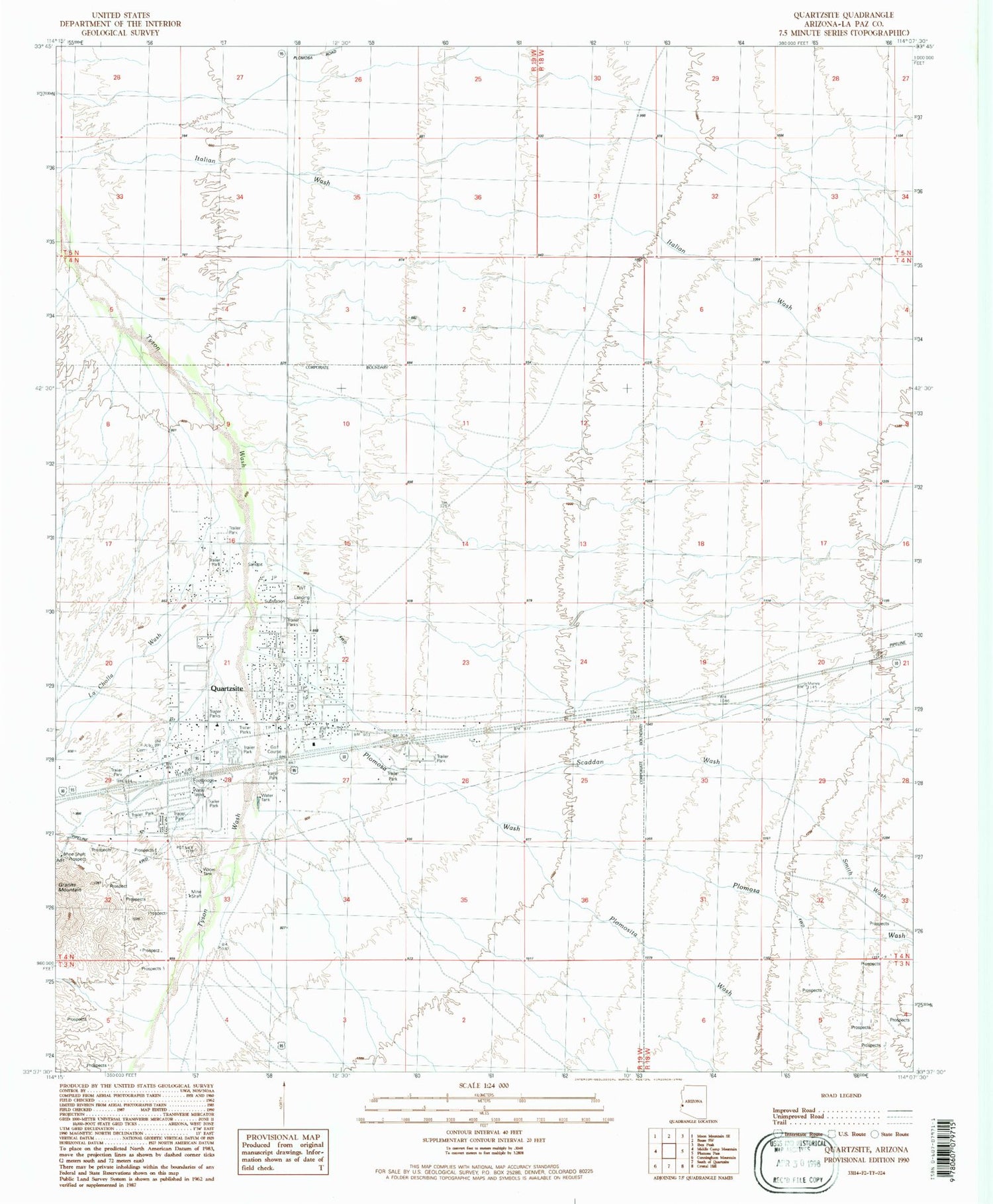 Classic USGS Quartzsite Arizona 7.5'x7.5' Topo Map Image