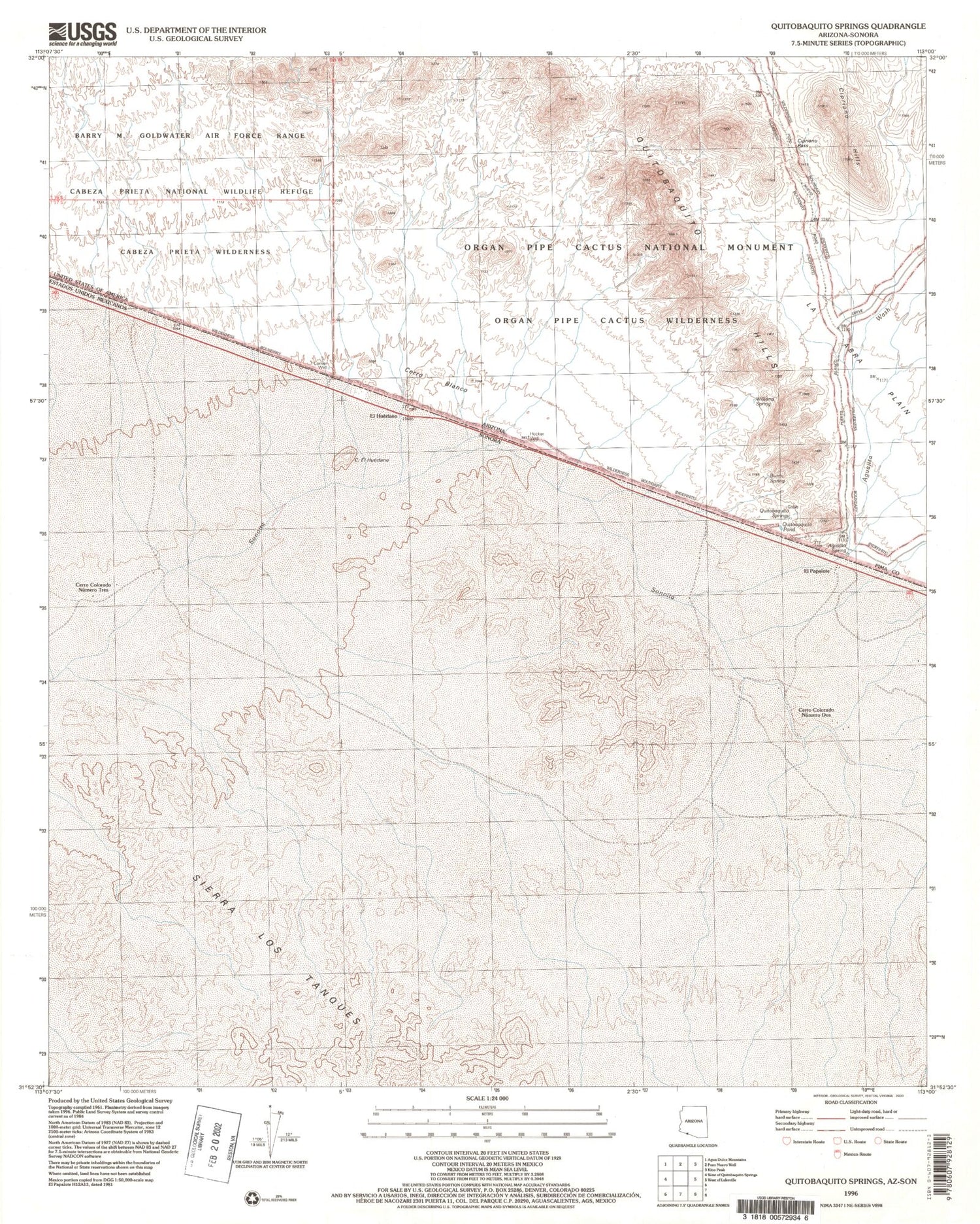 Classic USGS Quitobaquito Springs Arizona 7.5'x7.5' Topo Map Image